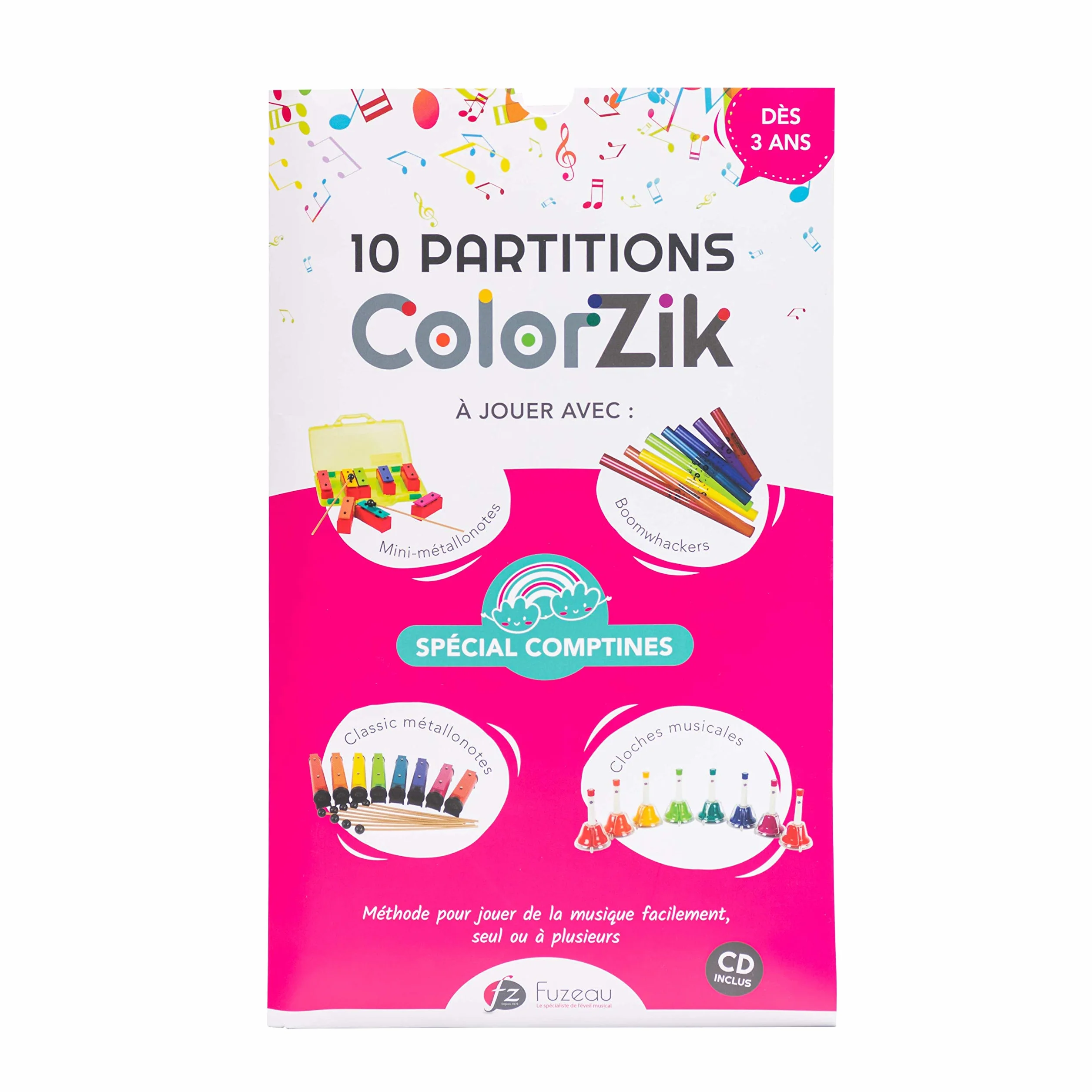 Fuzeau Folleto musical pedagógico CD de audio Colorzik Comptines 10 partituras codificadas en colores con letras Método para reproducir música sin solfeo a partir de 3 años