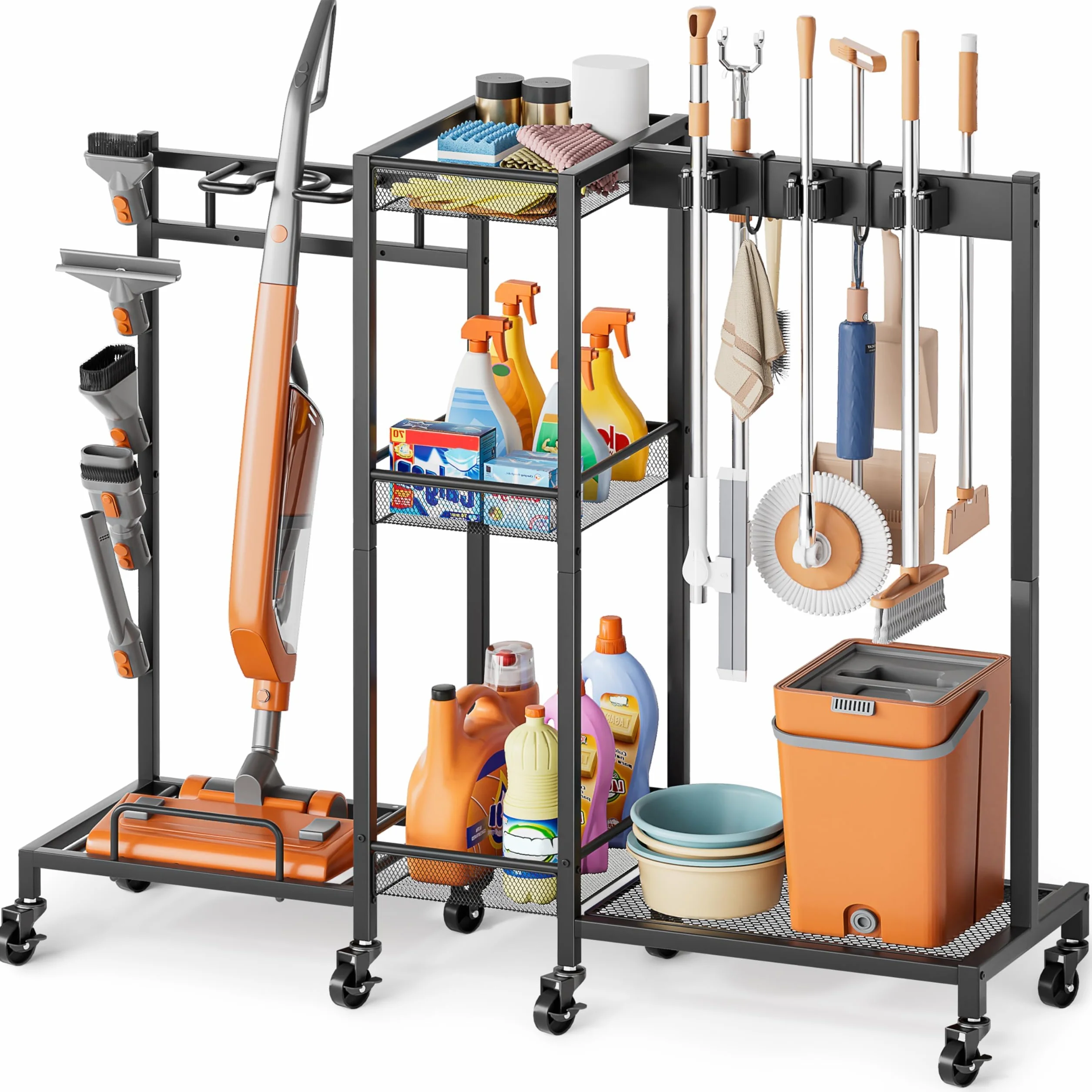 Bikoney Carro de Limpieza con Ruedas y Soporte para Escobas, Organizador de Productos de Limpieza con Armario y Estantes, Carrito Multiusos para Aspiradora y Fregonas, Ideal para Lavandería y Hogar