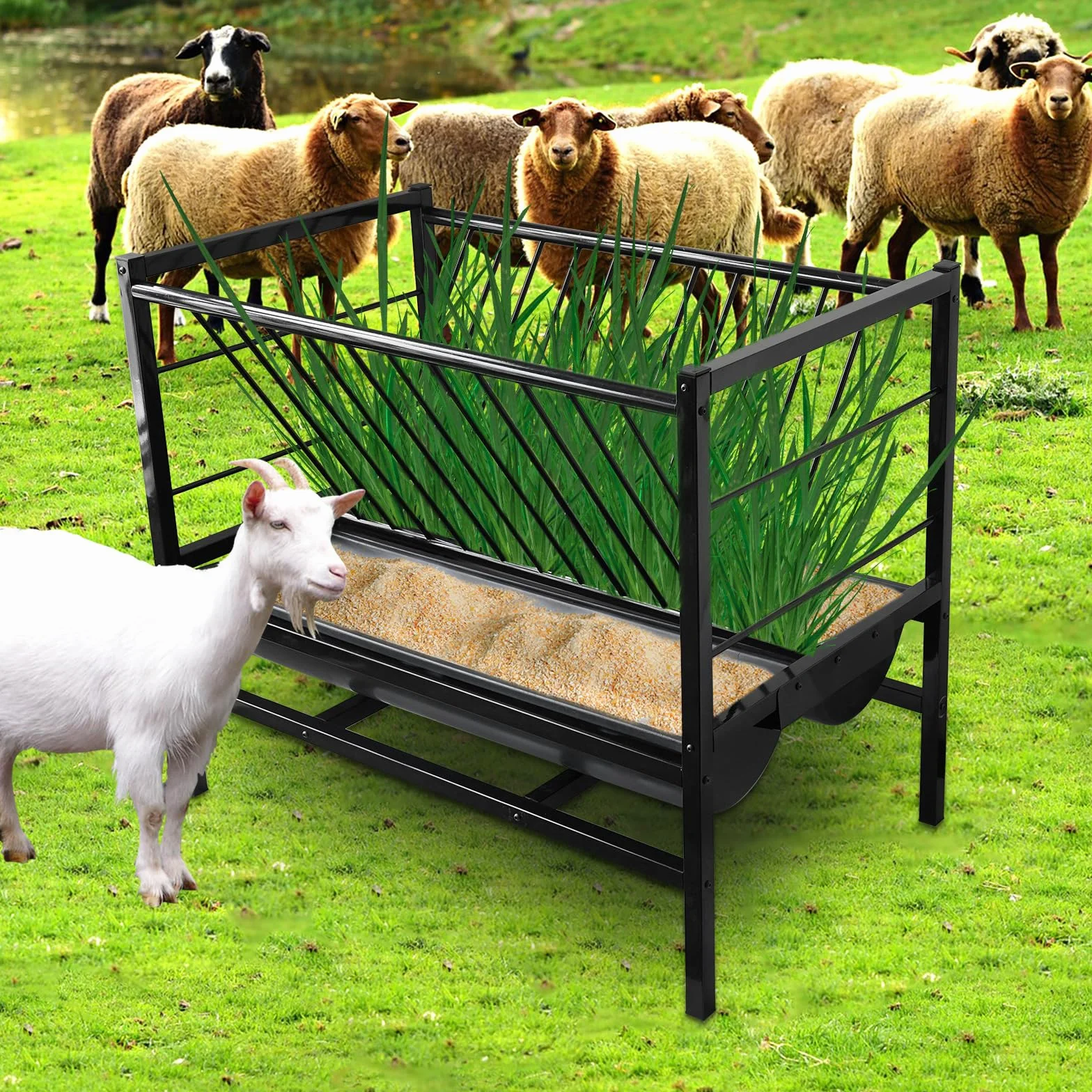 Comedero de heno 2 en 1 para cabras, caballos, vacas, ovejas y ganado - Comedero de grano para pasto al aire libre con 2 canales de alimentación más profundos para el ganado