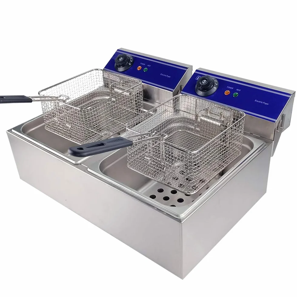 Freidora Eléctrica 20L Comercial 2 Tanques 10L+10L Acero Inoxidable 2x3000W 220V-240V Termostato 60-200 ° C Capacidad de Aceite Máxima 6L+6L