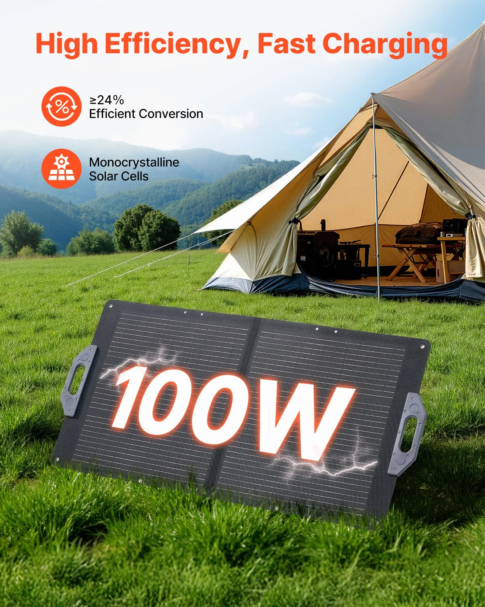 VEVOR Placa Solar Plegable 100W, Panel Solar Monocristalino Portátil con Puertos USB MC4 DC, Alta Eficiencia 24%, IP65 Impermeable, Compatible con Estaciones de Energía Acampadas Autocaravanas Viajes