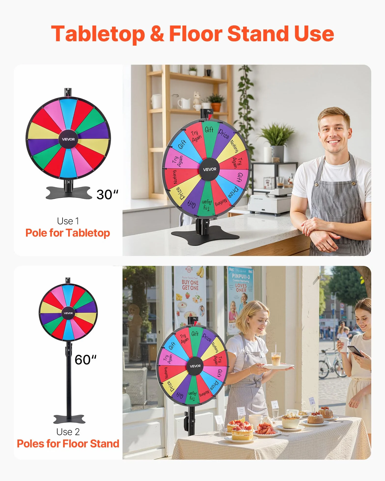 VEVOR Rueda de la Fortuna 14 Ranuras con Soporte Altura Ajustable Juegos de Lotería Ruleta Ganadora 605 x 300 x 1510 mm