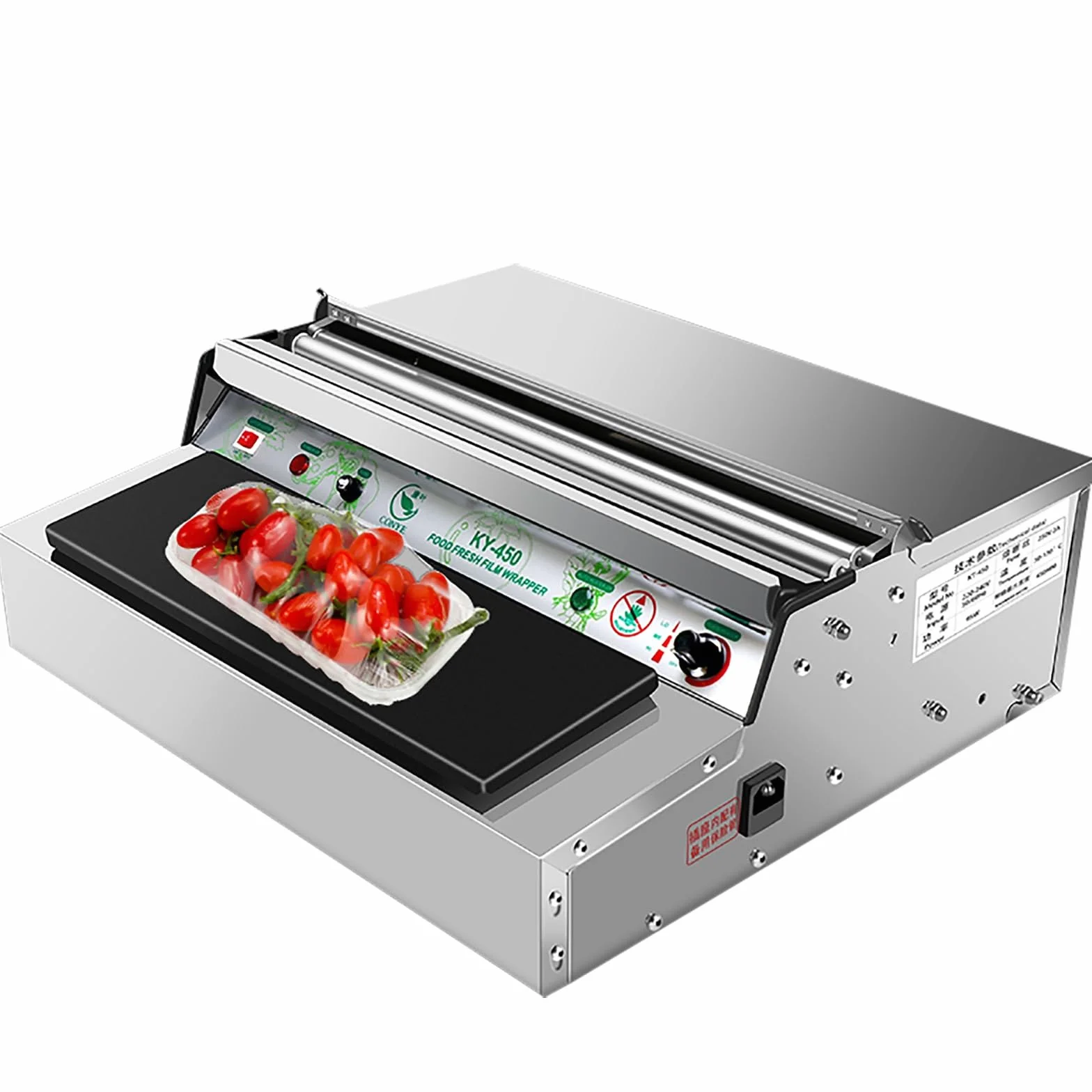 Dispensador de Film Transparente de Acero Inoxidable, Máquina Selladora de Film Térmico Comercial con Placa Calefactora, para Envasado de Alimentos, Frutas y Bandejas en Supermercados