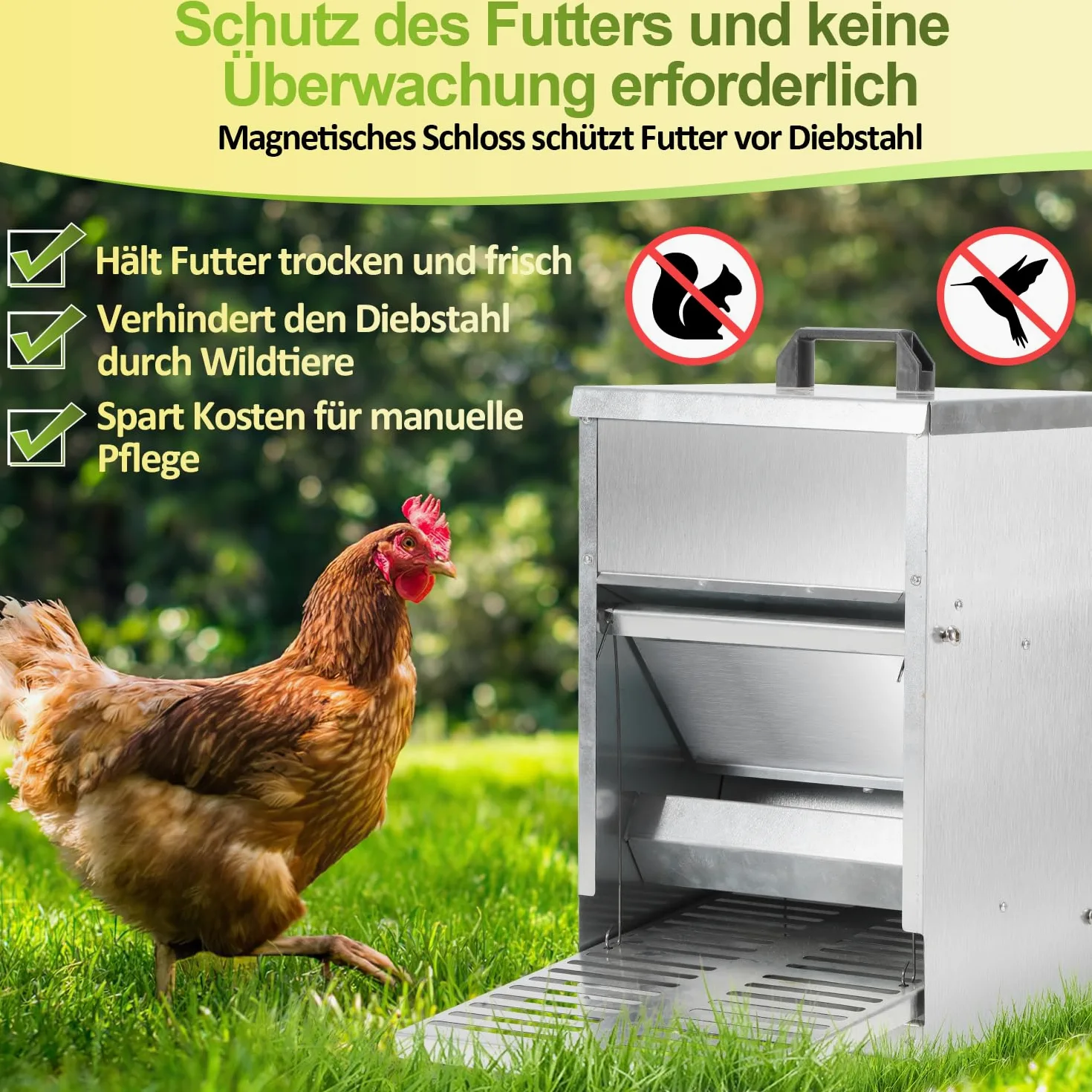 Comedero automático para gallinas, 5 kg, con pedal automático, alimento para pollos para aves de corral, accesorio ideal para pollos, resistente al agua y a prueba de ratas, galvanizado