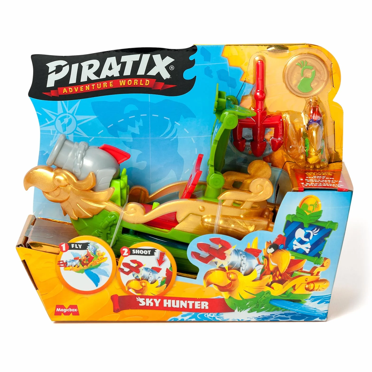 PIRATIX Adventure World Sky Hunter Barco Pirata Loro con Piratix Exclusivo y Tesoro