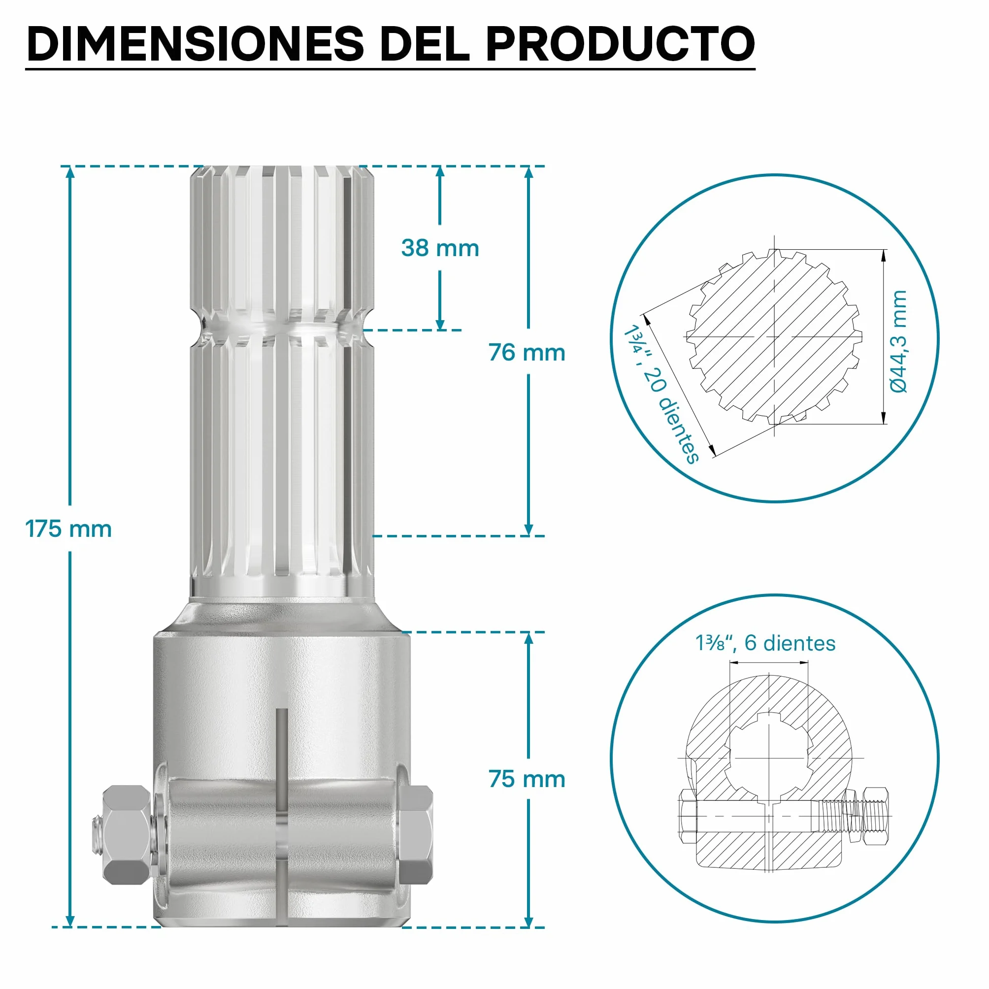 WilTec Toma de Fuerza PTO 175 mm Casquillo Eje Estriado 1 3/8" 6 Eje de Salida 1 3/4" 20 Tractor