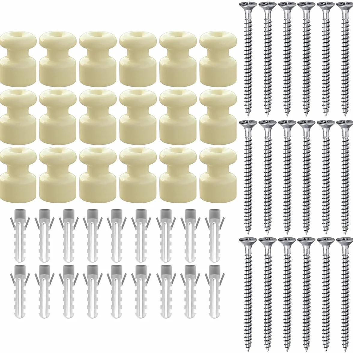 Aisladores de porcelana vintage Ø18 mm beige brillante para cable trenzado textil