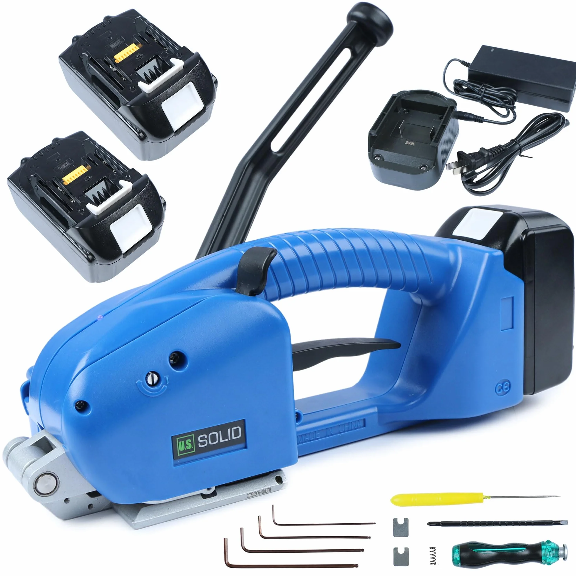U.S. Solid Máquina flejadora eléctrica, semiautomática de cinta manual para cintas de PP PET de 13-16 mm, 2 x 3000 mAh bateria que funciona con pilas para paletas de cartón