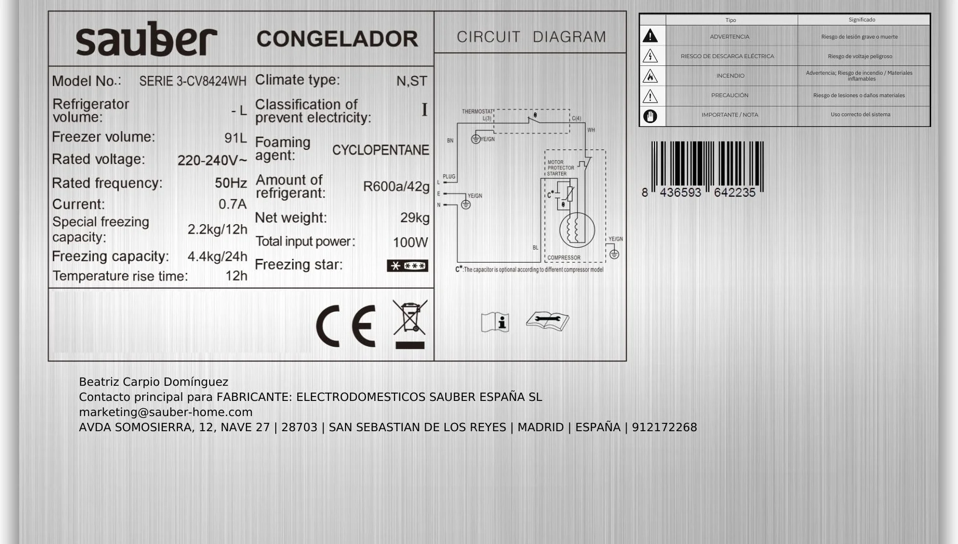 Sauber Congelador Vertical SERIE 3-CV84 24WH 4 Cajones Eficiencia Energética E 85x55 cm ENCIMERA