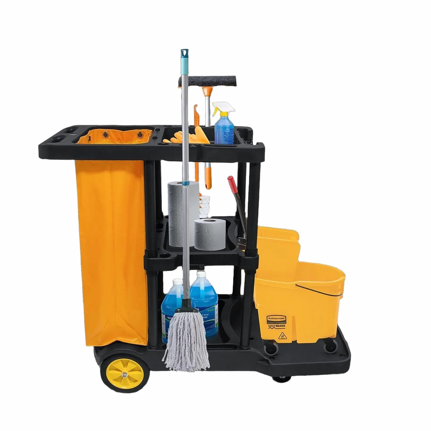 Uyoyous Carro de limpieza profesional, 3 niveles con 4 ruedas, color negro y amarillo, bolsa grande de 65 l, carro de mantenimiento, 113 x 56 x 93 cm