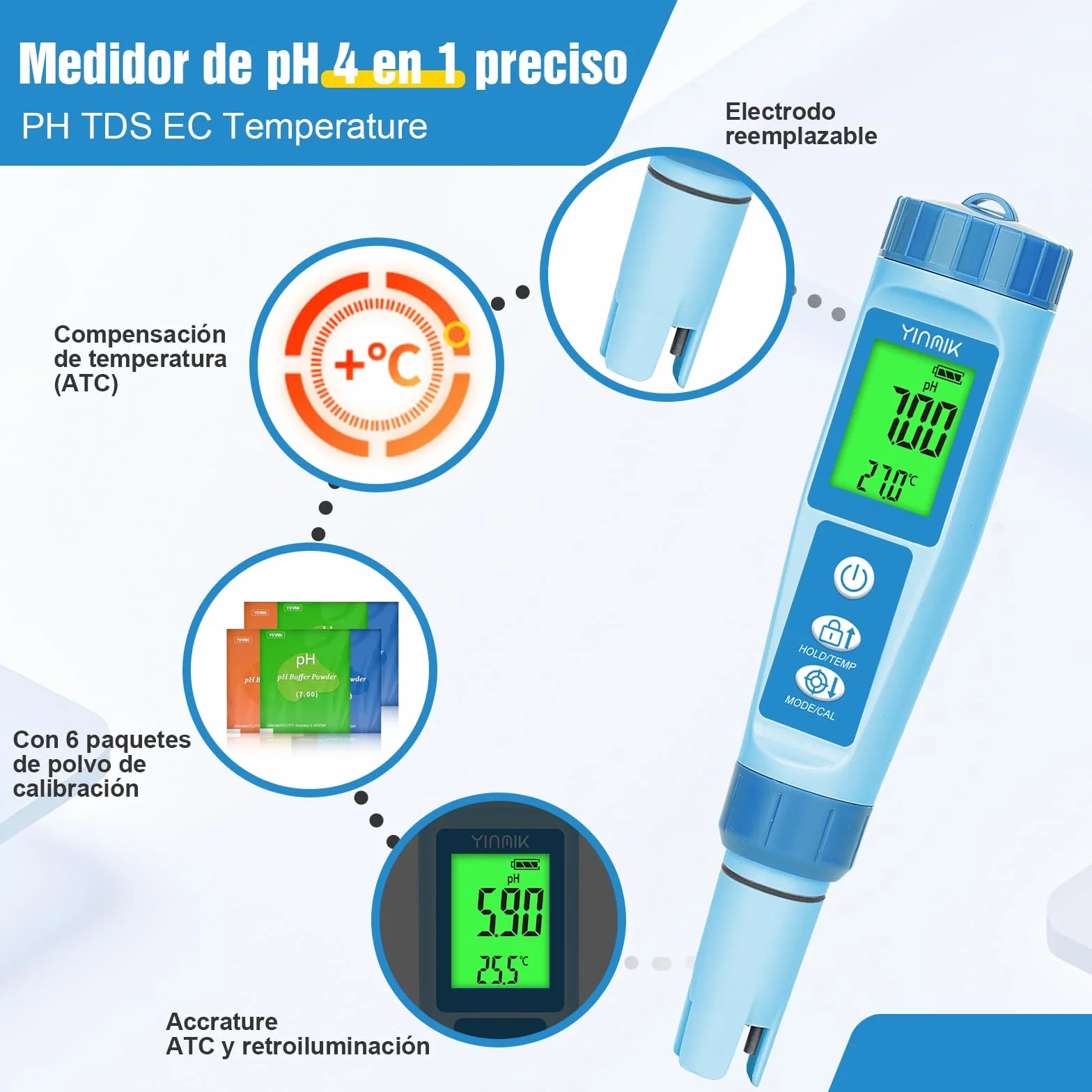 Medidor de pH y EC Hidropónico 4 en 1, Comprobador Digital de pH PPM y TDS