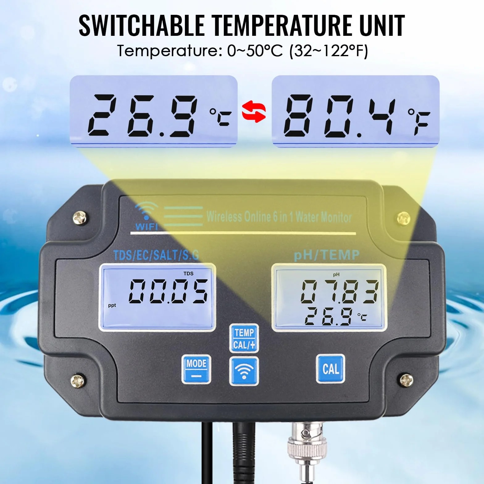 Probador de calidad de agua WLAN, monitor de pH 6 en 1, mide pH/EC/TDS/salinidad/peso y temperatura, monitoreo de aplicaciones en línea las 24 horas y almacenamiento de curvas de datos, medidor de pH