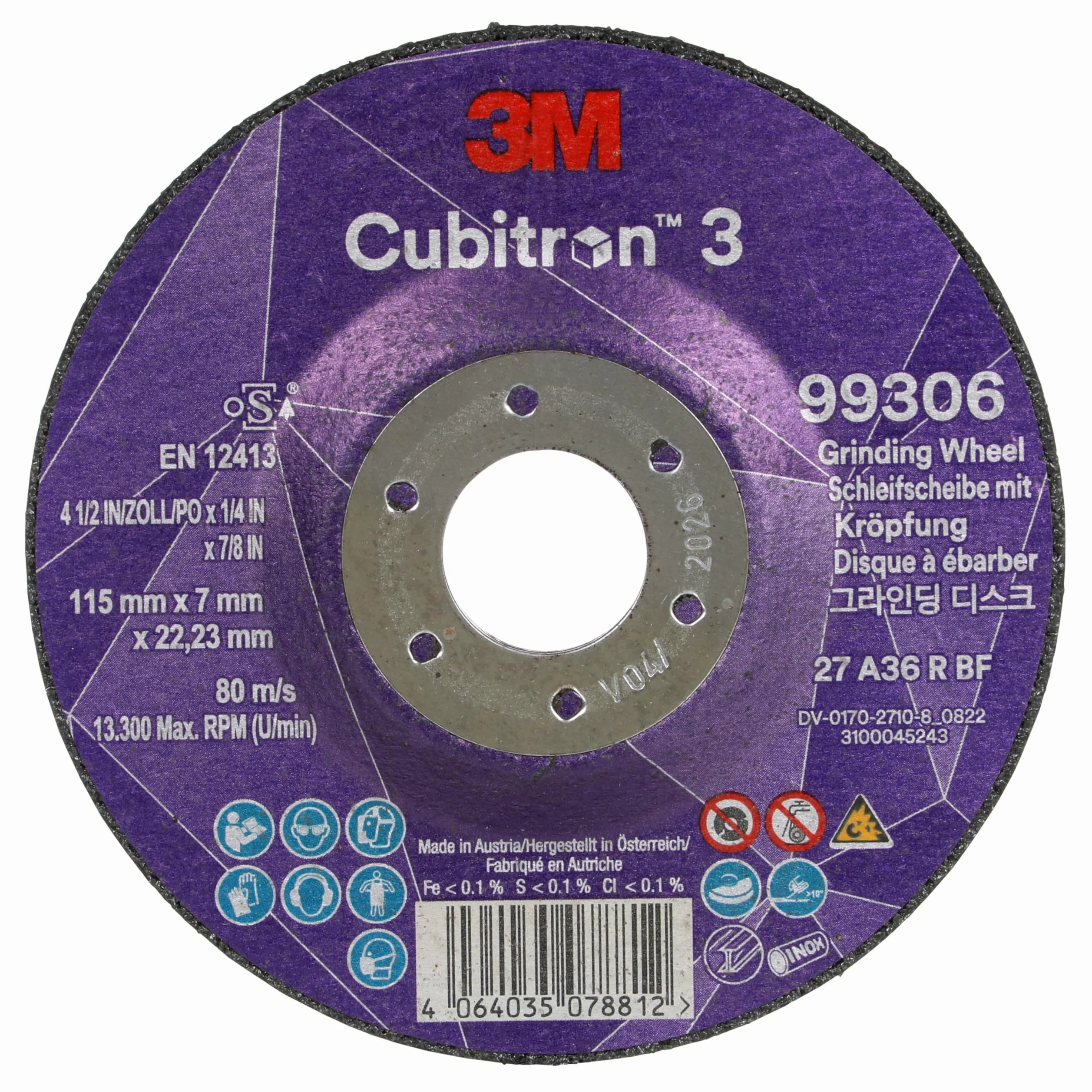 3M Cubitron 3 Disco de Desbaste con Centro Hundido, 99306, 36+, T27, EN | 115 mm x 7 mm x 22.23 mm, Paquete de 10 Unidades
