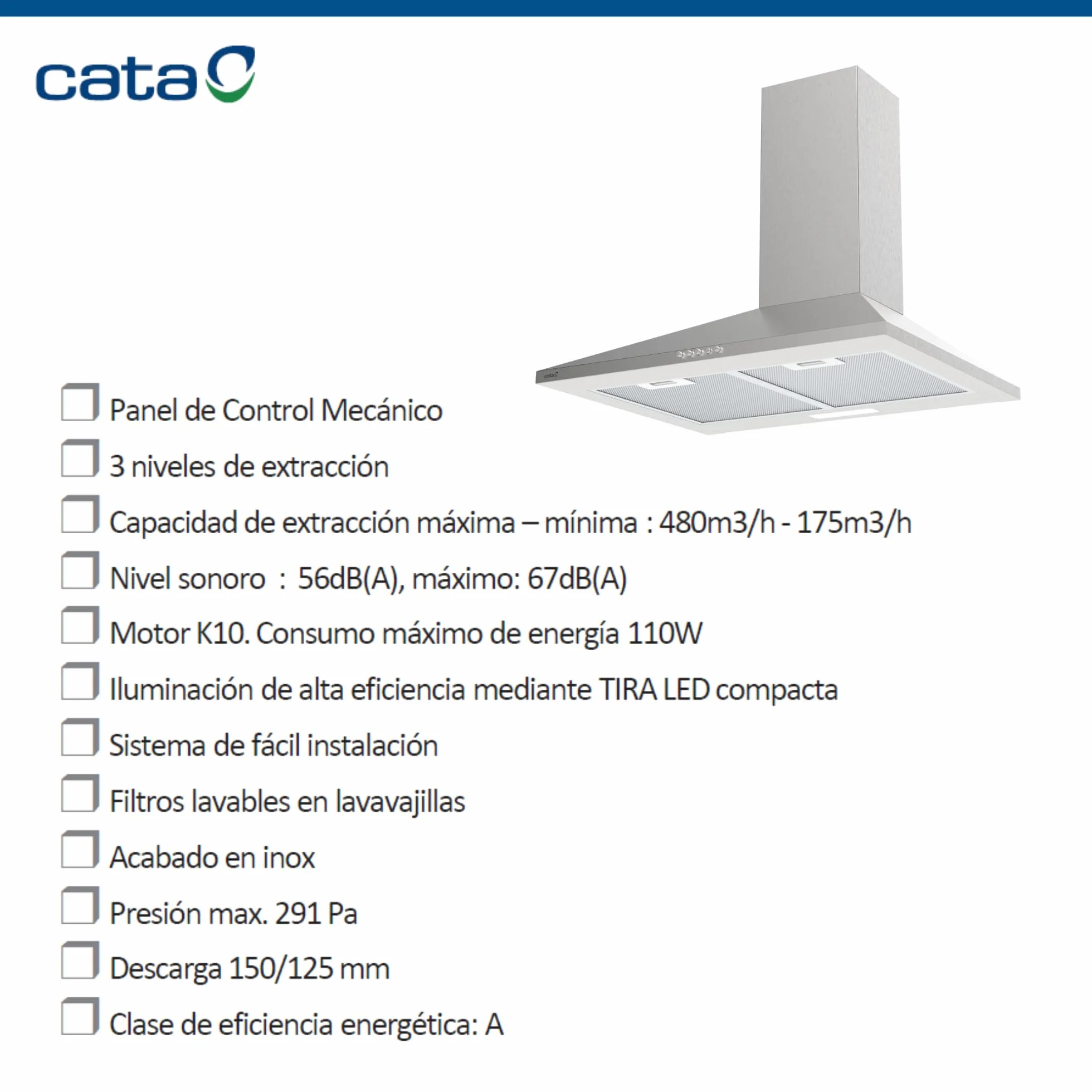 CATA Campana Extractora VK-6000 X Control Mecánico 3 Niveles 480 m3/h 56 dB Motor K10 Blanco