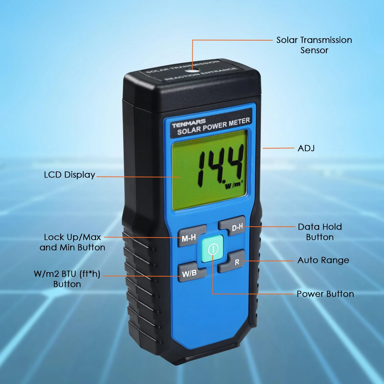 Mano Retenida Digital Solar Poder Metro (Piranómetro) 2000 W/m2, 634BTU / (ft2xh) Medición Solar Radiación Energía Insolación Ensayador