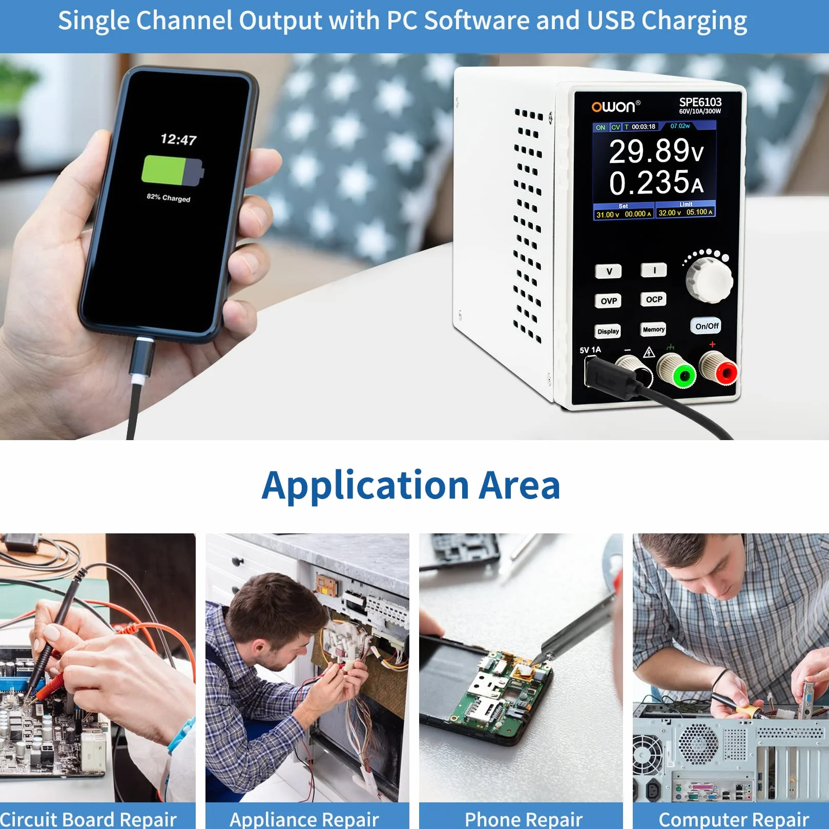 OWON SPE6103 Fuente de alimentación de laboratorio programable (0-60 V 0-10 A), fuente de alimentación de CC de 300 W, pantalla LCD de 2,8 pulgadas, software de PC de salida de canal único y carga USB