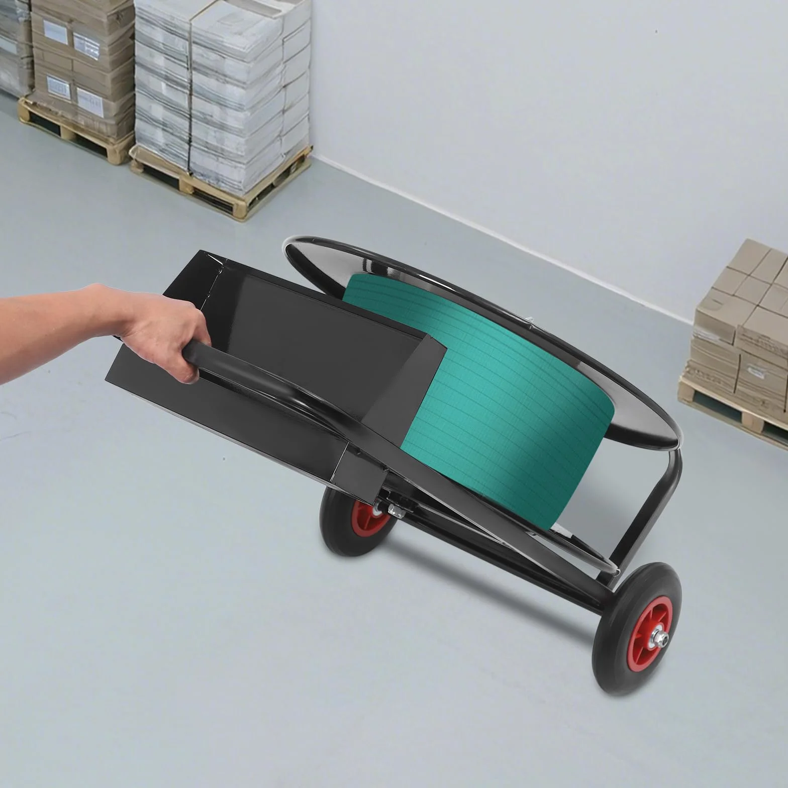 Carro para flejado, dispensador de flejes móvil y carro de flejes pesados con bandejas de almacenamiento, ruedas de hasta 80 kg, para cinta PP (200 mm/400 mm de diámetro interior)