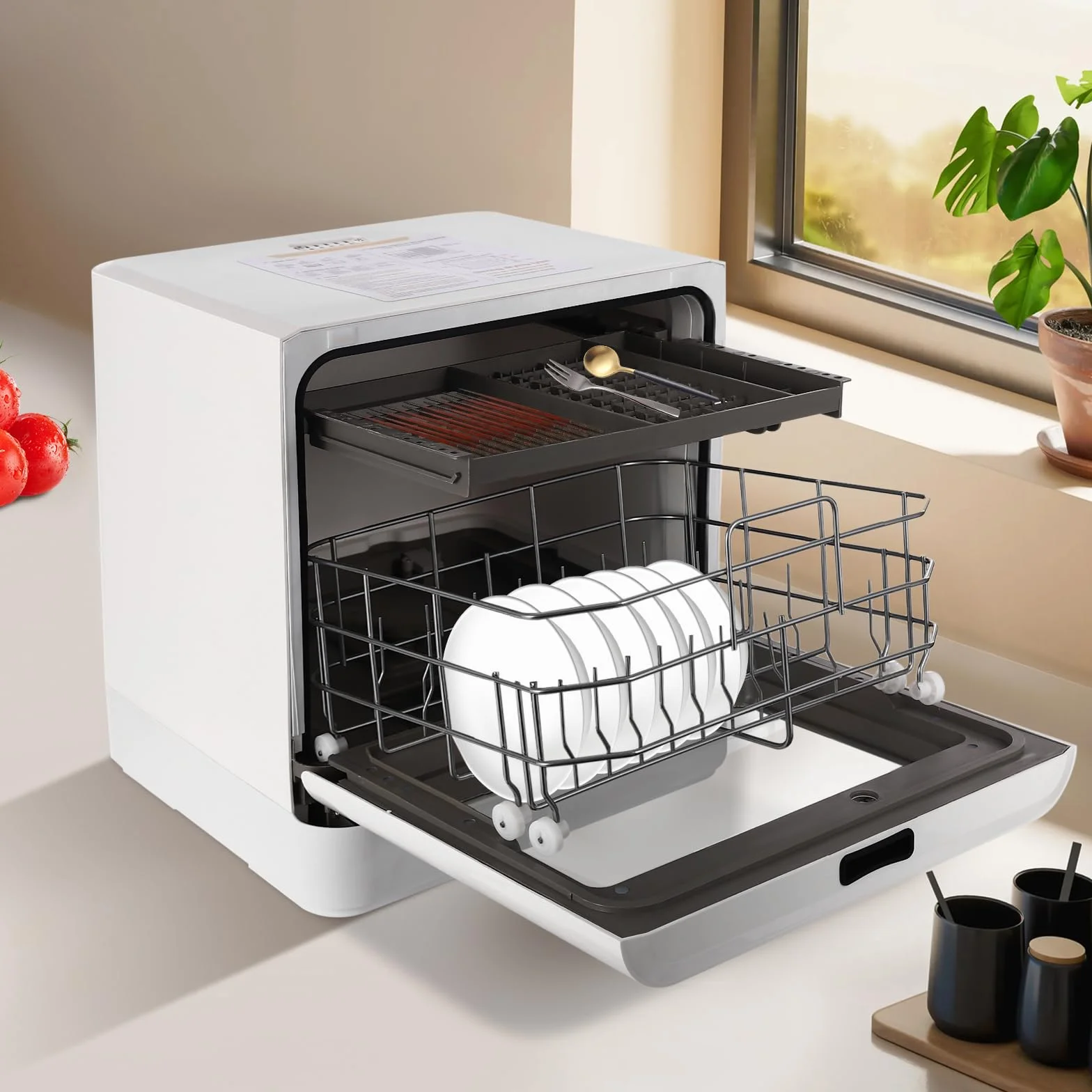 Mini lavavajillas portátil 800 W PP ABS 360° giratorio 4 modos limpieza UV alta temperatura