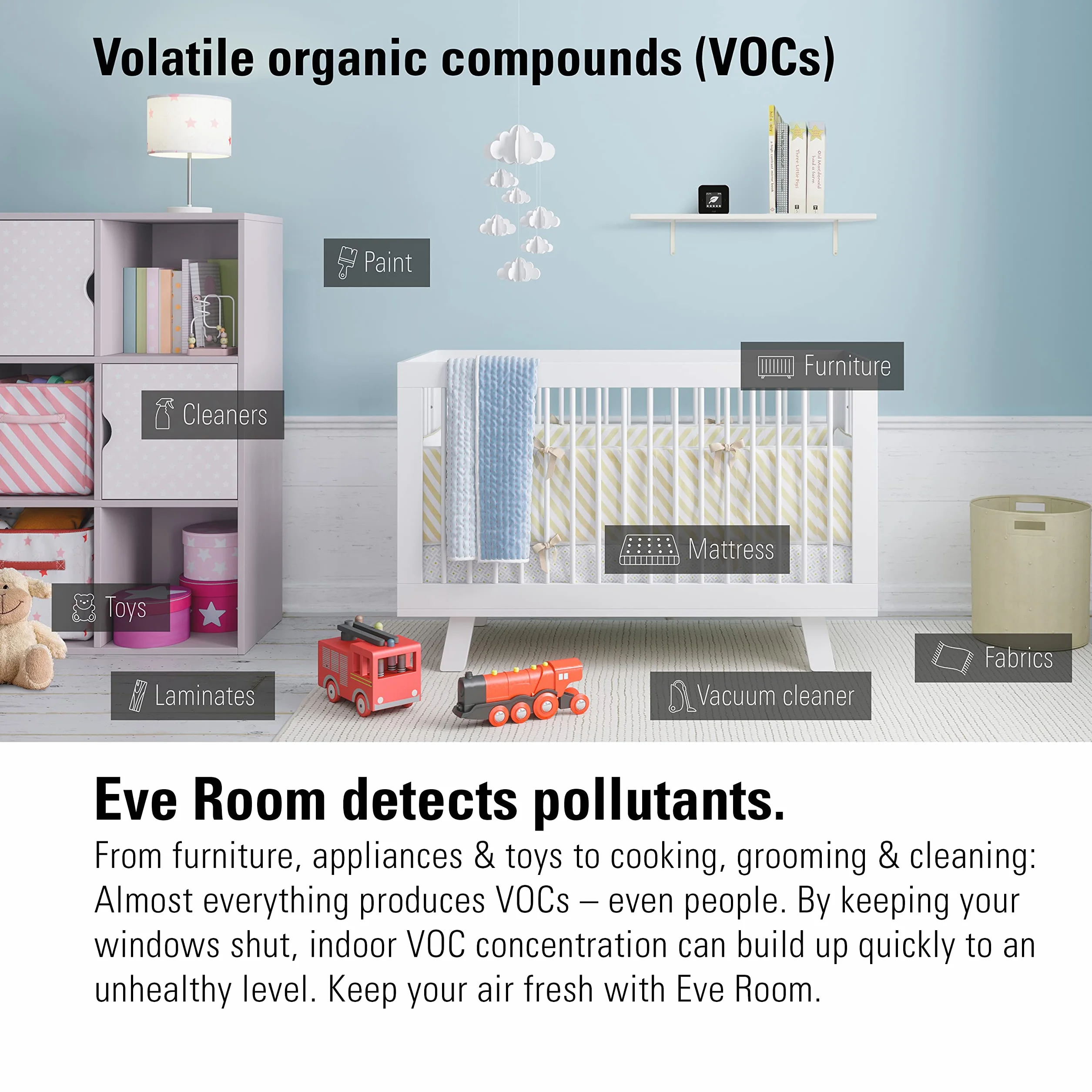 Eve Room – Sensor de calidad del aire para interior para registrar la calidad del aire (COV), temperatura y humedad, tecnología Apple HomeKit, Bluetooth, Thread