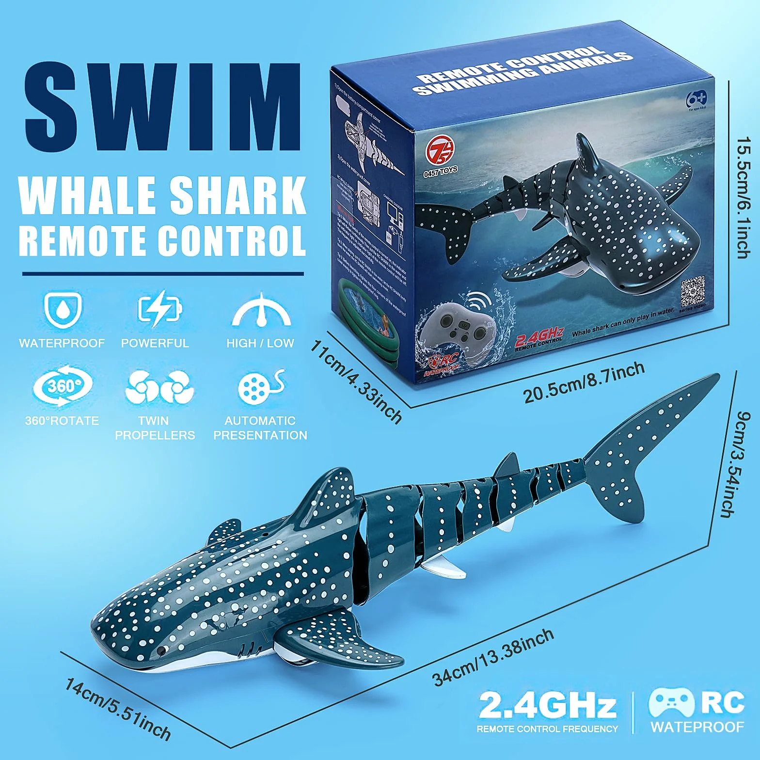 Juguete eléctrico RC Shark Boat 2.4 GHz impermeable 4 canales para piscina niños 6+