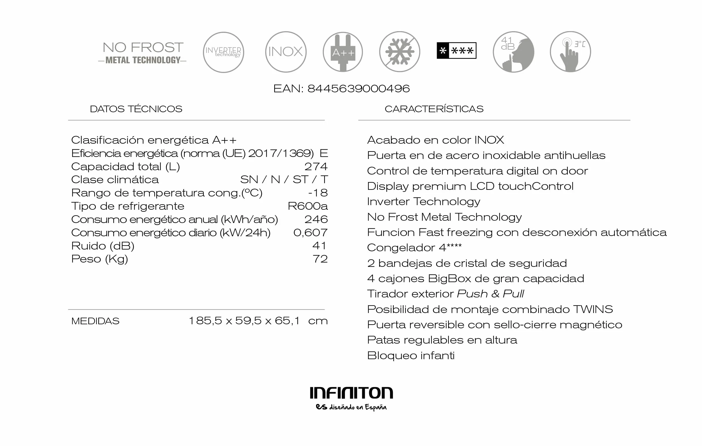 INFINITON CV-1HE85 Congelador vertical Inox 274 litros Inverter No Frost A++