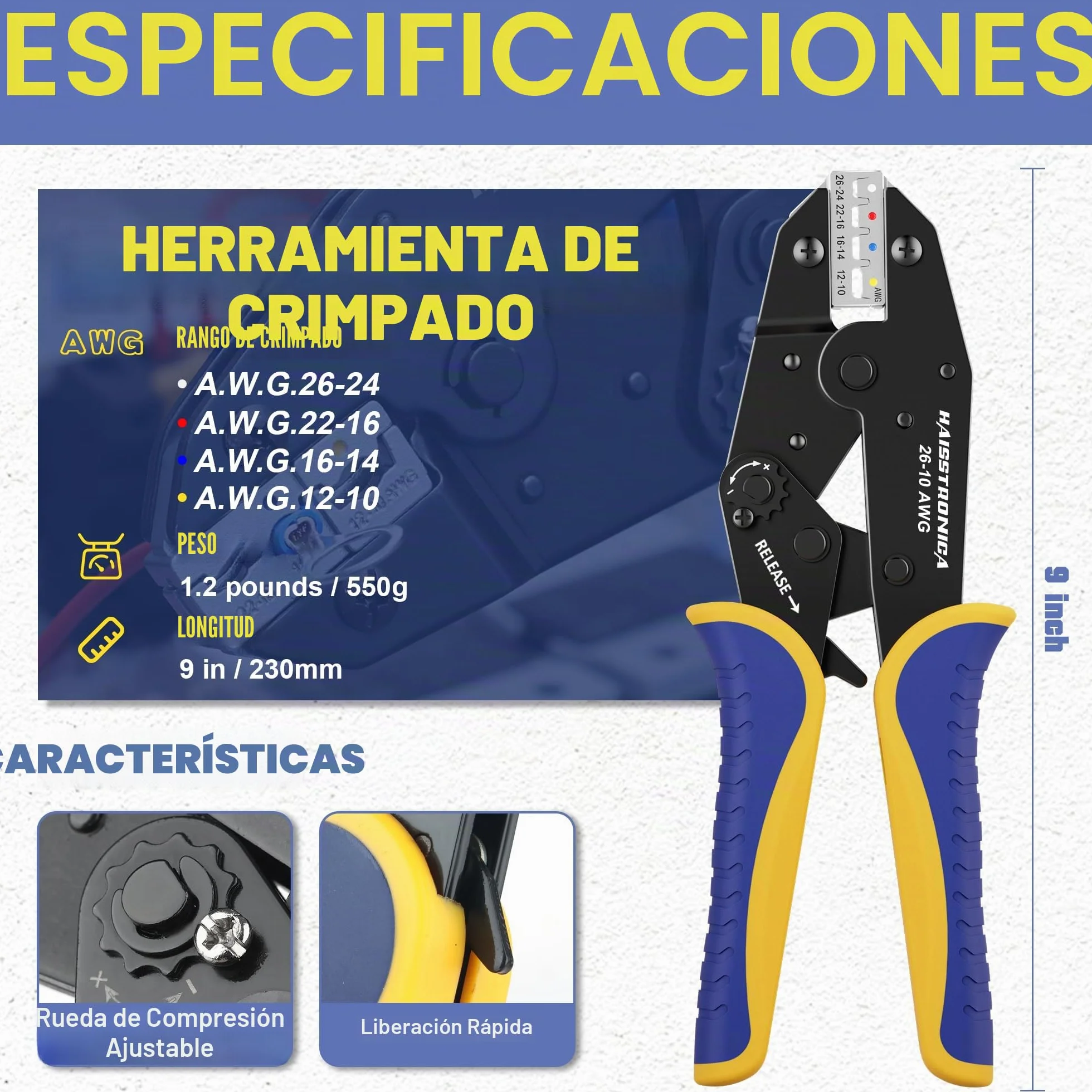 Kit de Crimpadora con Pelacables y 280 Conectores Termorretráctiles 0,5–6 mm² AWG22–10