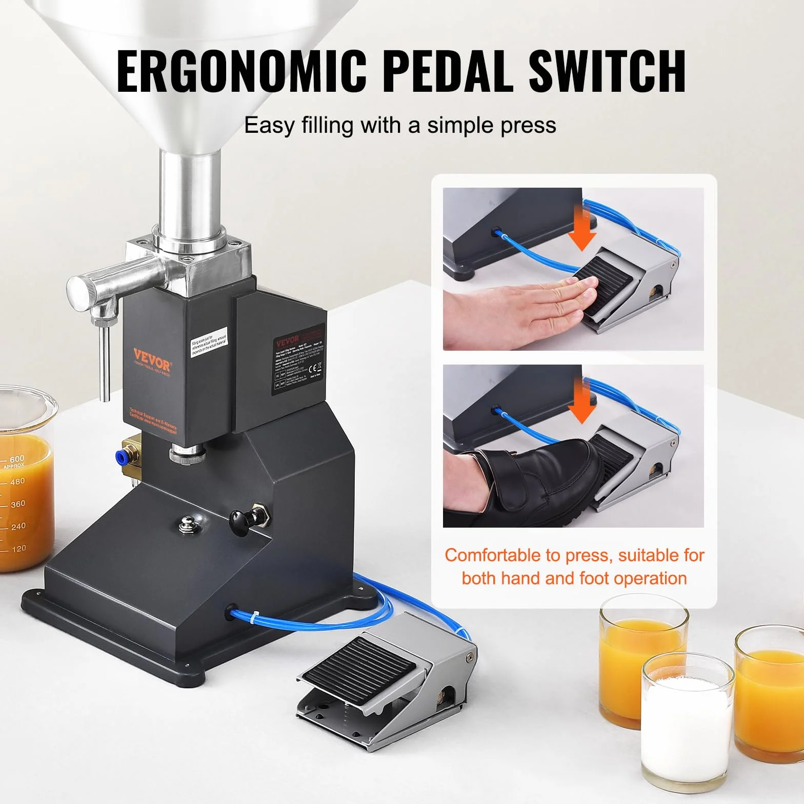 VEVOR Máquina de Llenado de Líquidos Pasta Neumática Llenadora de Botellas de Acero Inoxidable de 5-50 ml con Pedal para Leche, Agua, Zumo, Aceite Esencial, Champú, Miel, Loción Cosmética