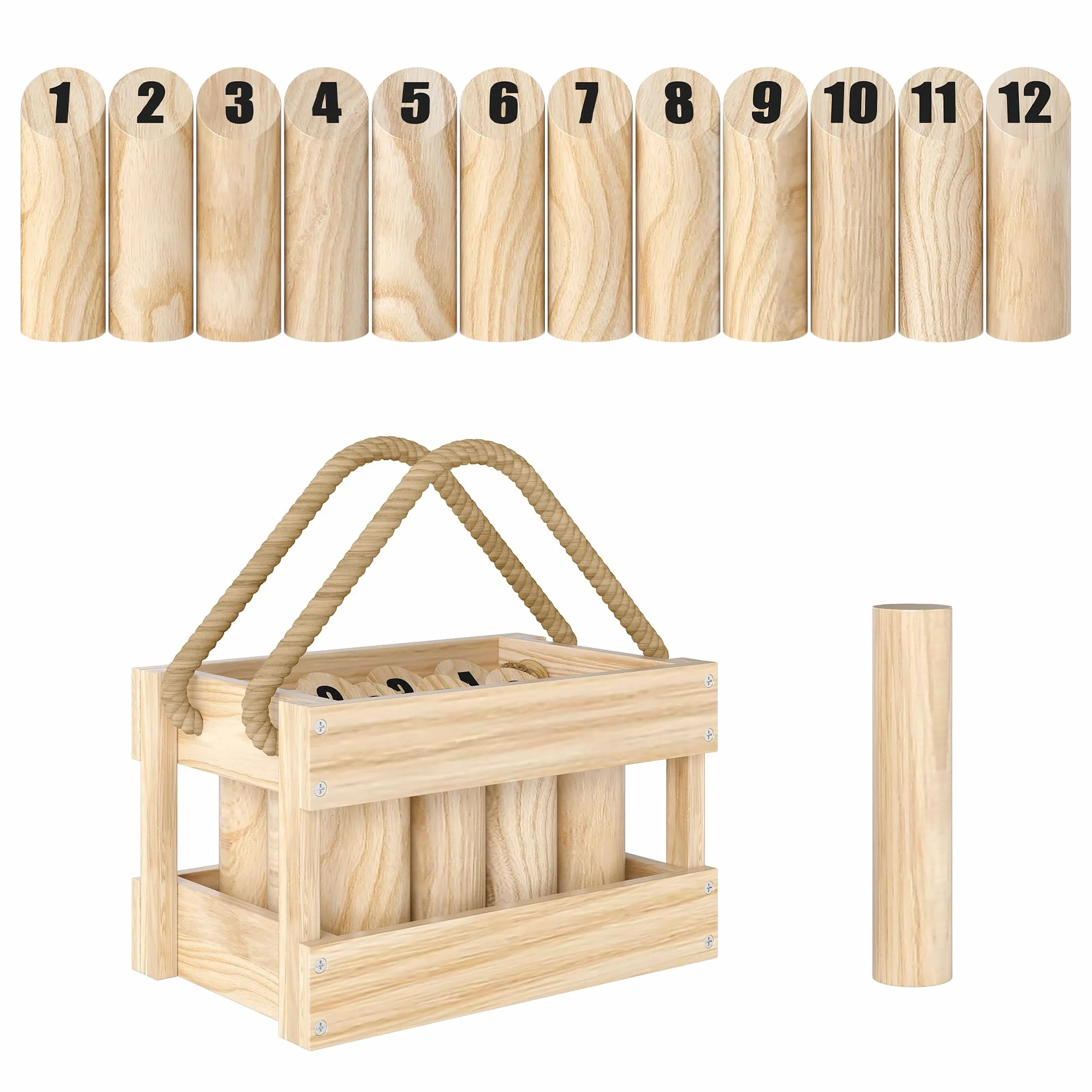SPORTNOW Juego de Bolos Finlandeses, 12 Bolos de Madera de Pino, Palo de Lanzamiento, Caja de Transporte, Juego al Aire Libre para Adultos