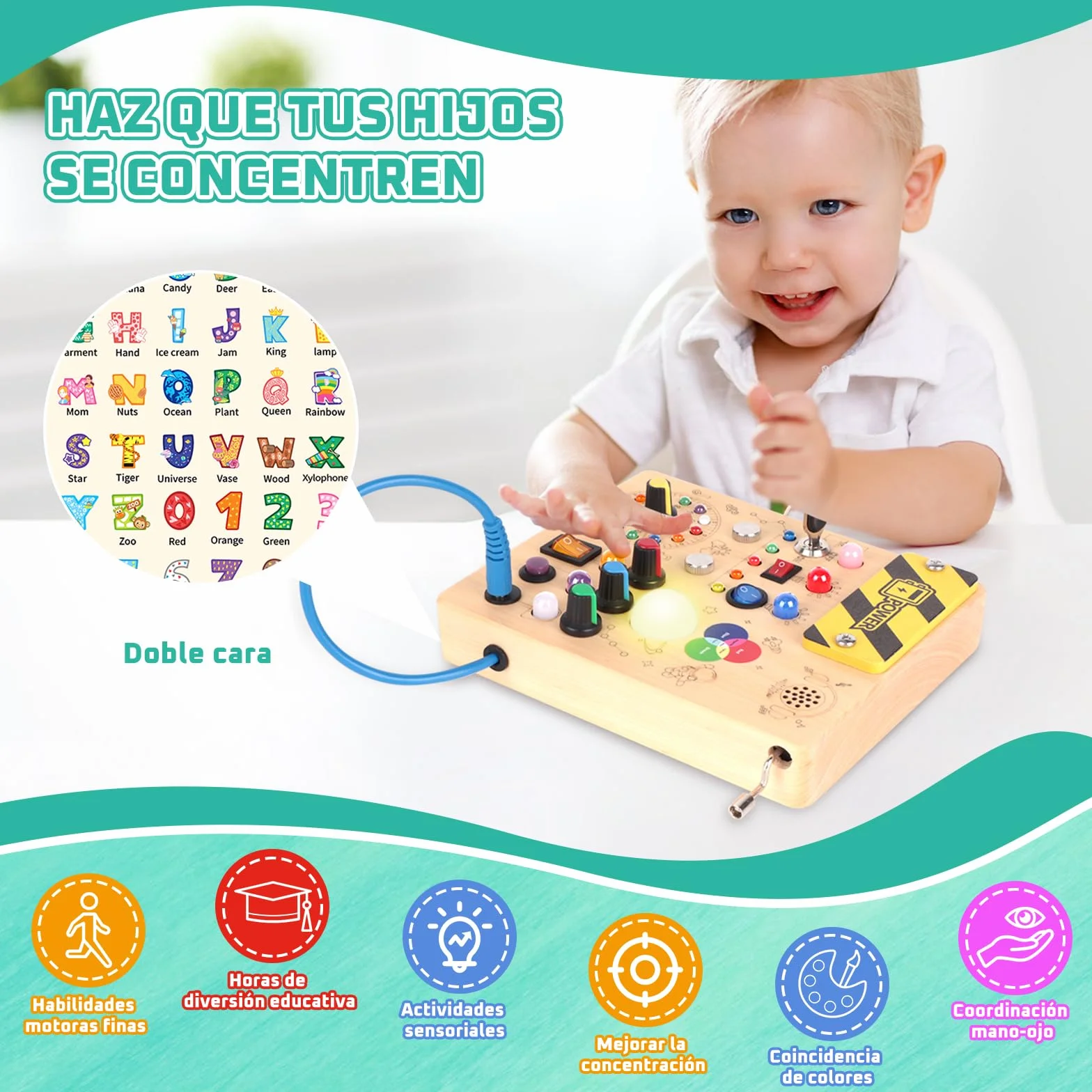 Konijiwa Busy Board Montessori 12 interruptores 24 Luces LED Juguete Aprendizaje Sensorial Madera 1 2 3 años