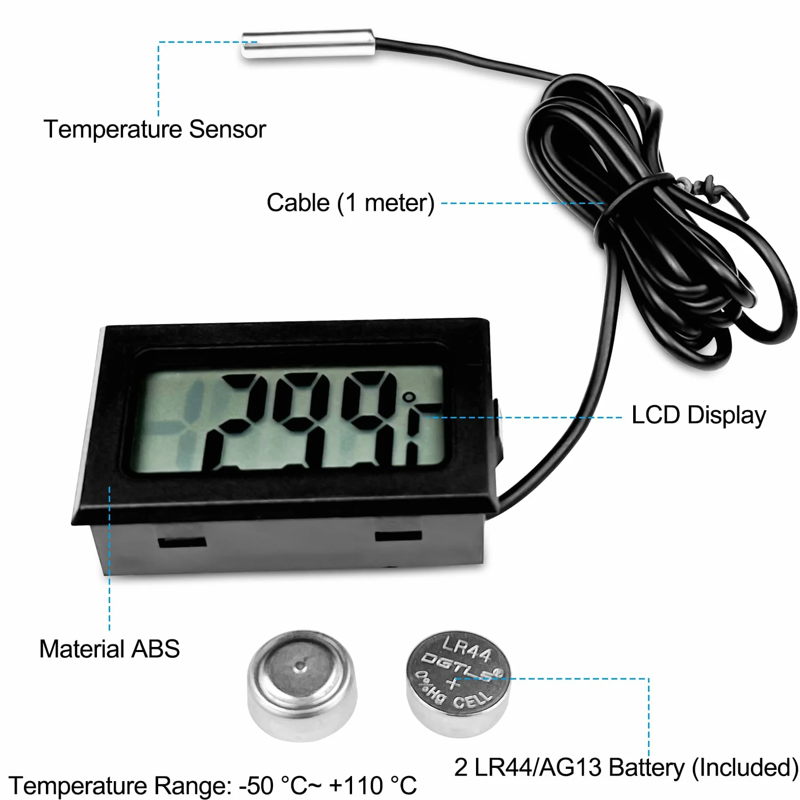 Termómetro Acuario Digital LCD Negro con Sonda Externa Impermeable para Refrigerador Congelador