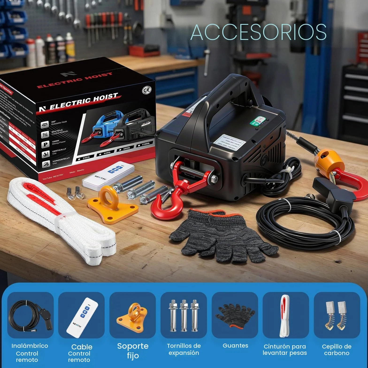 NEWTRY 3 en 1 Polipasto Eléctrico 1500W, Cabrestante Eléctrico de 500 kg 7.6m, Control Remoto Inalámbrico, Con Protección Contra Sobrecargas, Con manual en español