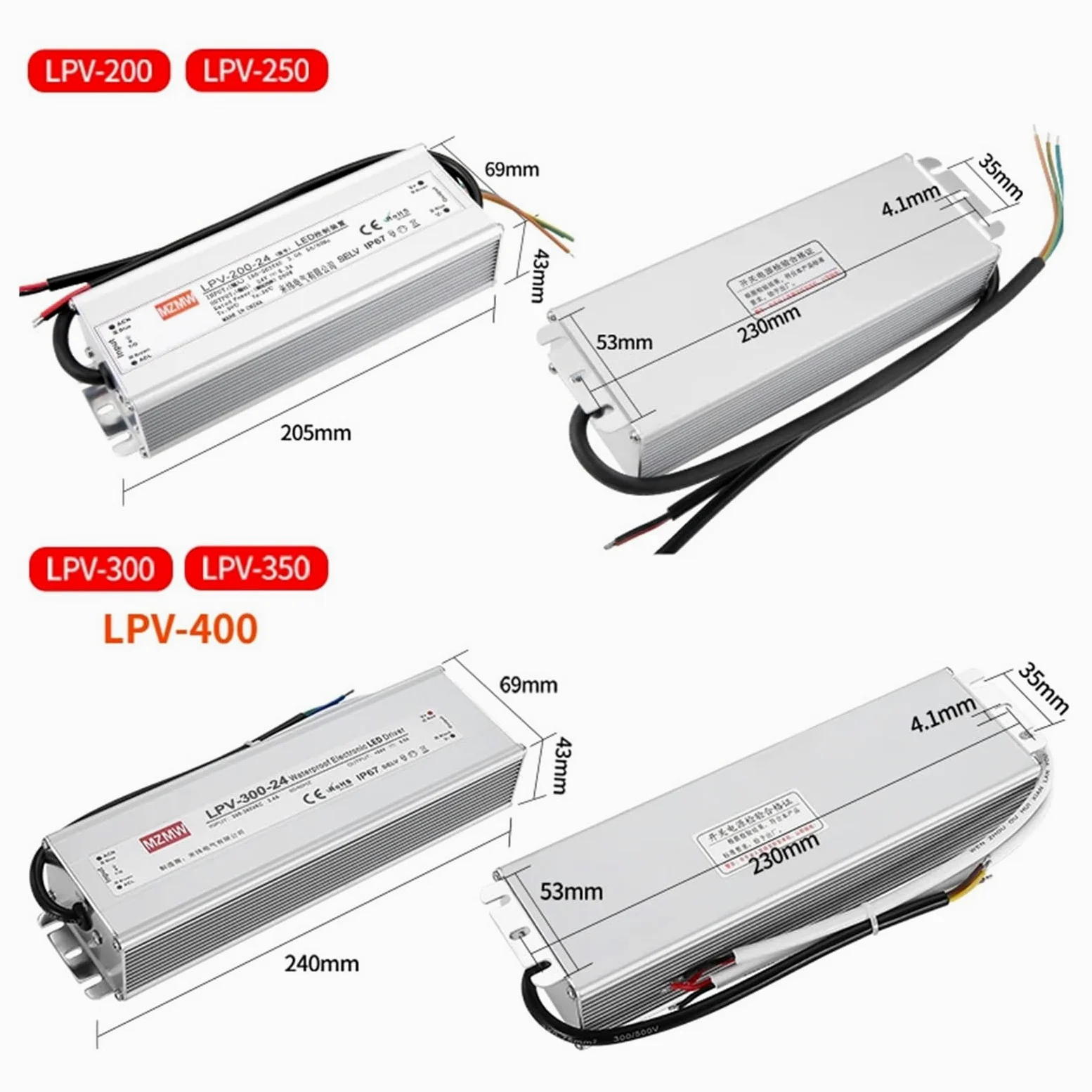 Fuente de alimentación conmutada Impermeable IP67, 200 W, 250, 300, 350, 400, CA/CC, 12 V, 24, 36, 48, Controlador Voltaje Constante | 36v-250w