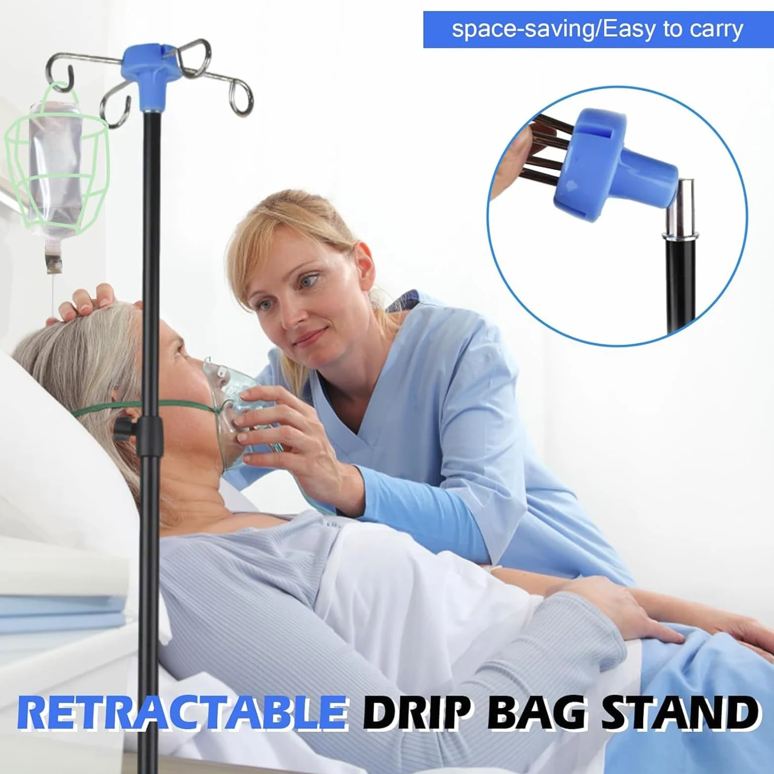 Soporte intravenoso con ruedas Plegable | Soporte de ajustable con gancho para botella Estable Portátil Altura Ajustable para Ancianos Cuidado Diario en Cama Hogar