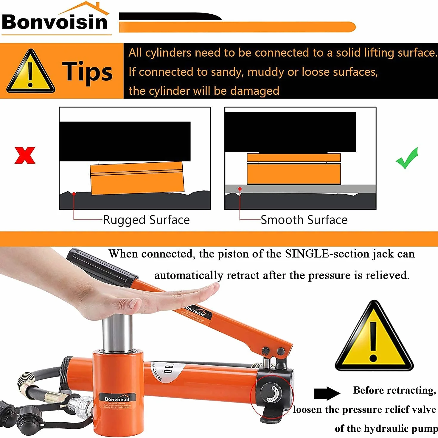 Bonvoisin 10T Gato Hidráulico, Elevación 50mm, Altura Propia 104mm, para Ingeniería Mecánica, Edificios y Puentes (RSC-10T+CP-180)