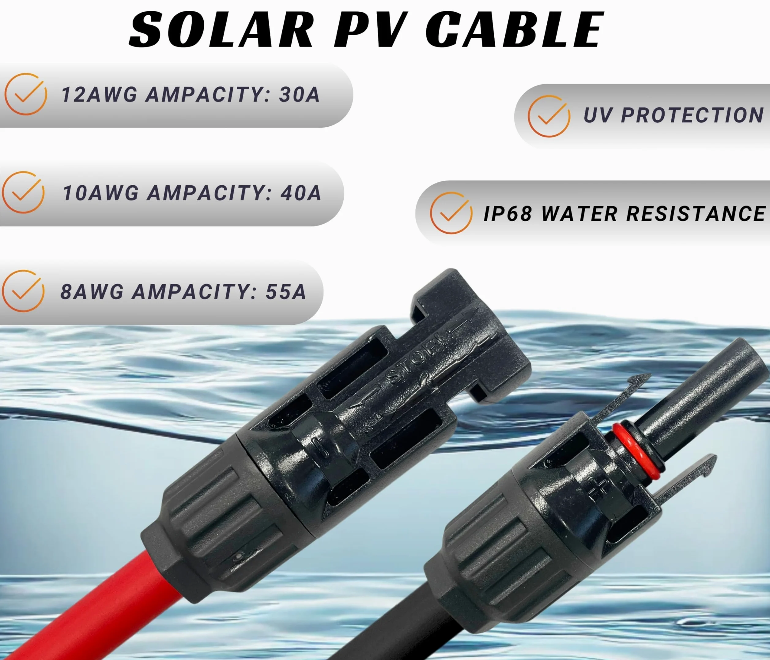 WindyNation Cable de extensión de panel solar de calibre 8 AWG 8, 1 par de conectores solares de cable de extensión de panel solar de 15 pies de color negro + 15 pies (variedad de longitudes
