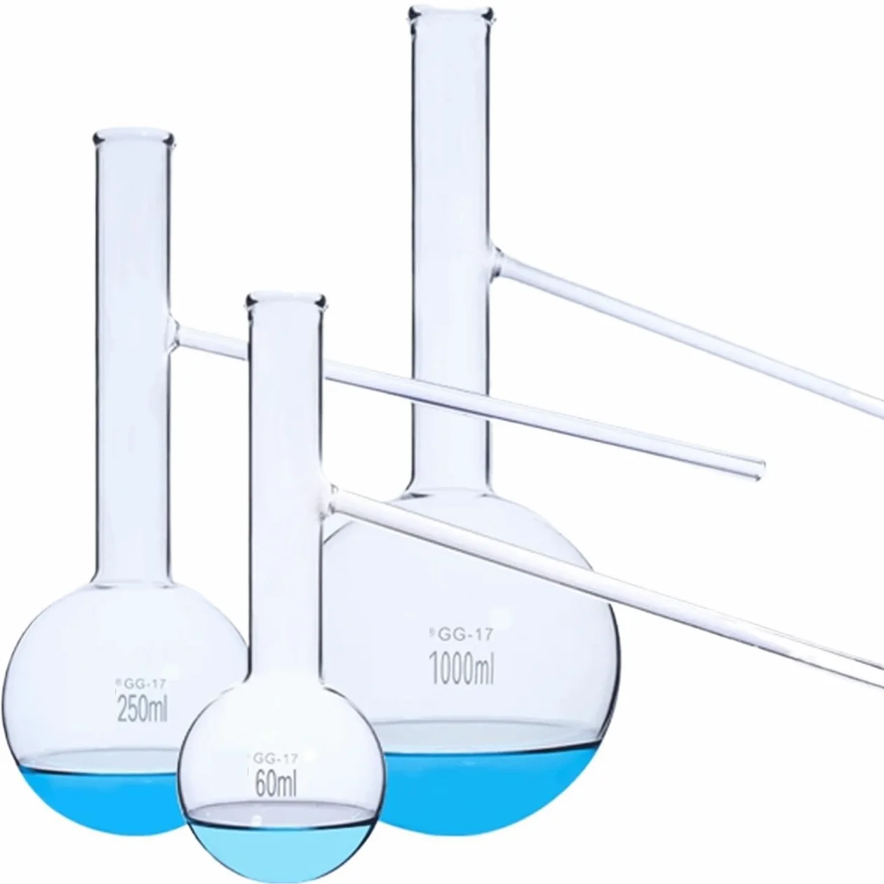 matraz de laboratorio, Matraz de destilación de fondo redondo de vidrio con alto contenido de silicato con tubo ramificado, 60-500 ml, 2 unidades(500ml 2 PCS)
