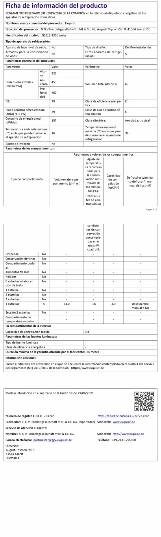 Exquisit Congelador Table Top 63L Clase E Blanco 82.5x45.3x46 cm