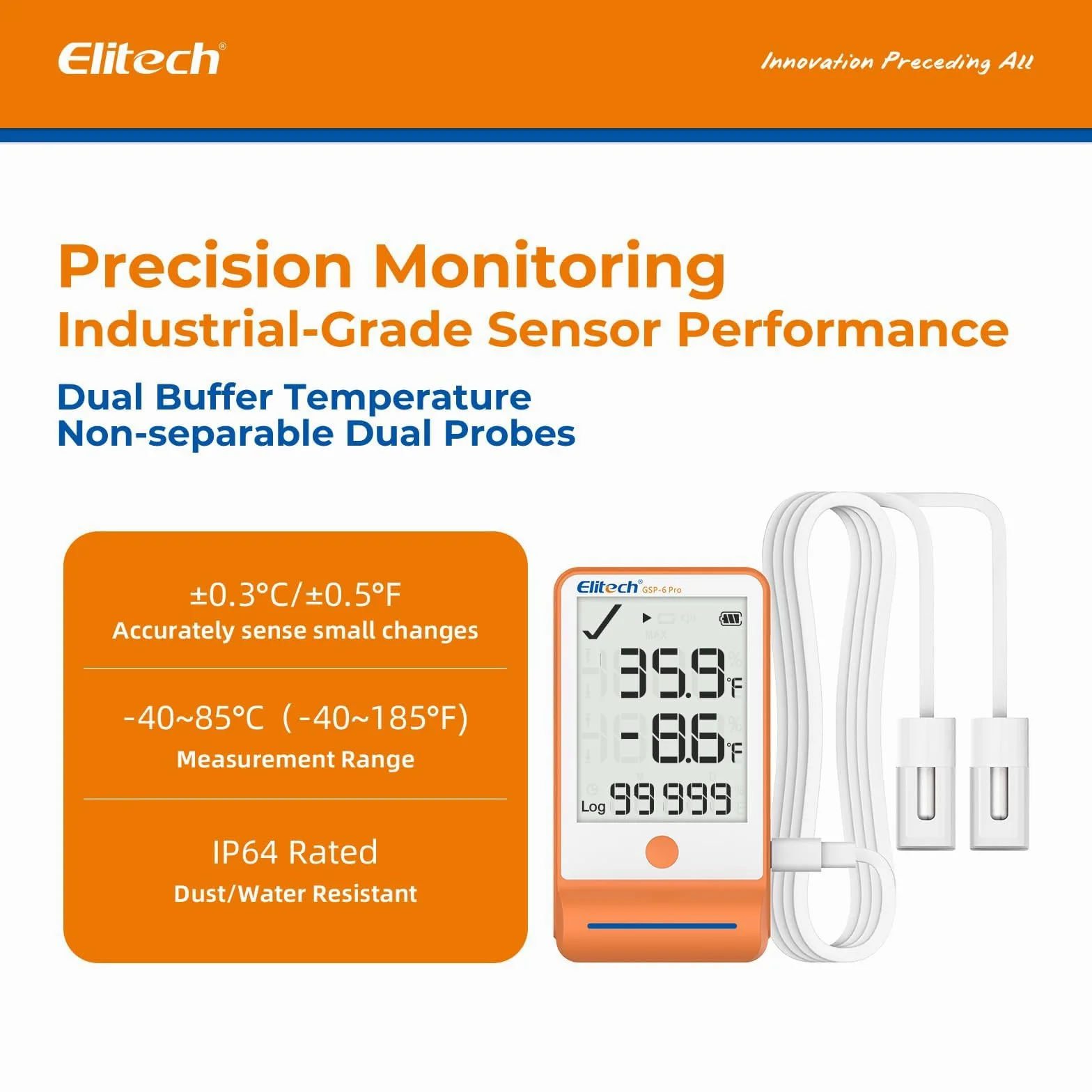 Elitech Registrador de Temperatura Bluetooth con 2 Sondas de Congelamiento con Shadow Data, Informe PDF CSV 100.000 Puntos, Certificado de Calibración para Refrigerador de Farmacia, MAX MIN AVR MKT