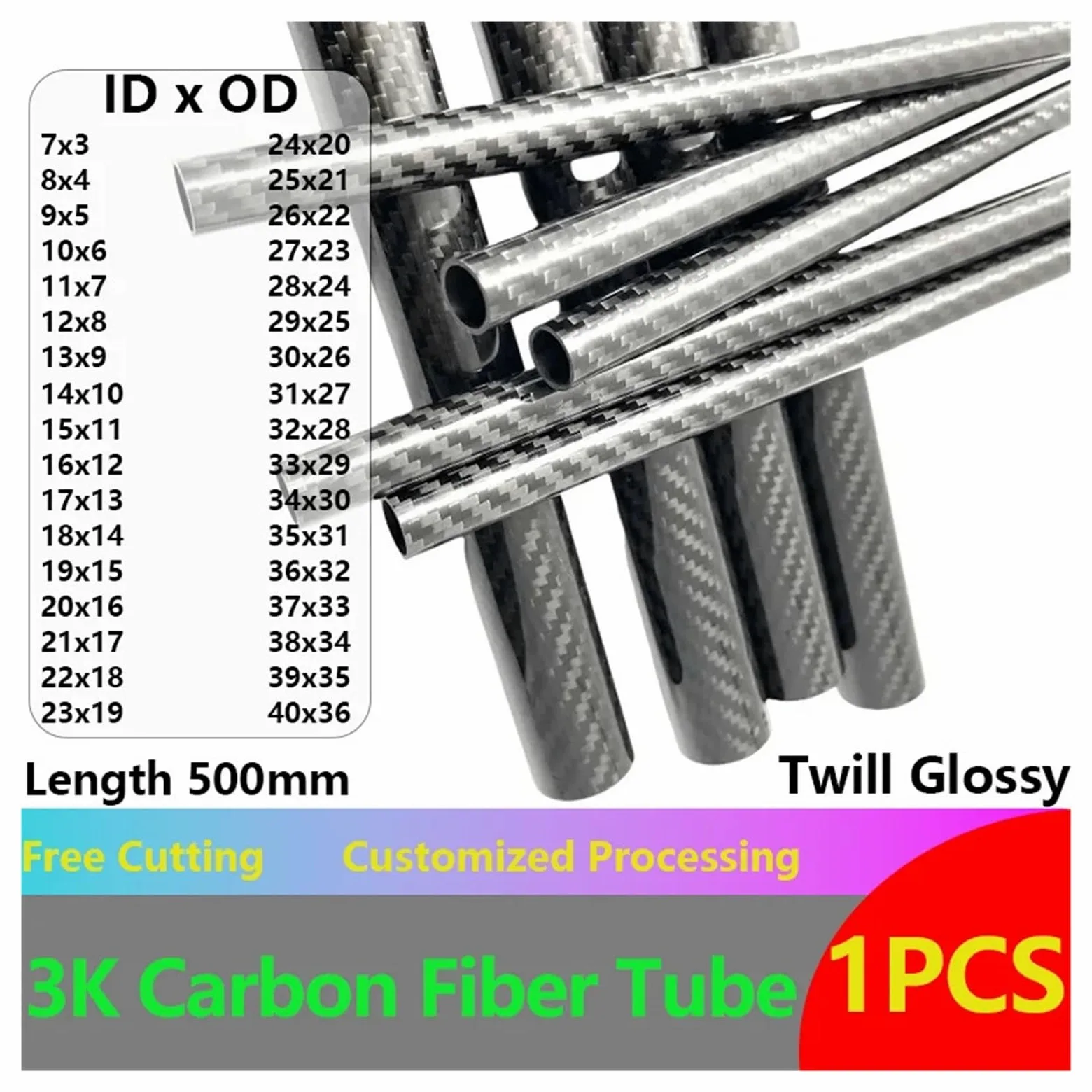 Tubo de fibra de carbono | Tubo de Fibra de Carbono 3K 2uds Liso Brillante(27x23x500mm 2pcs)