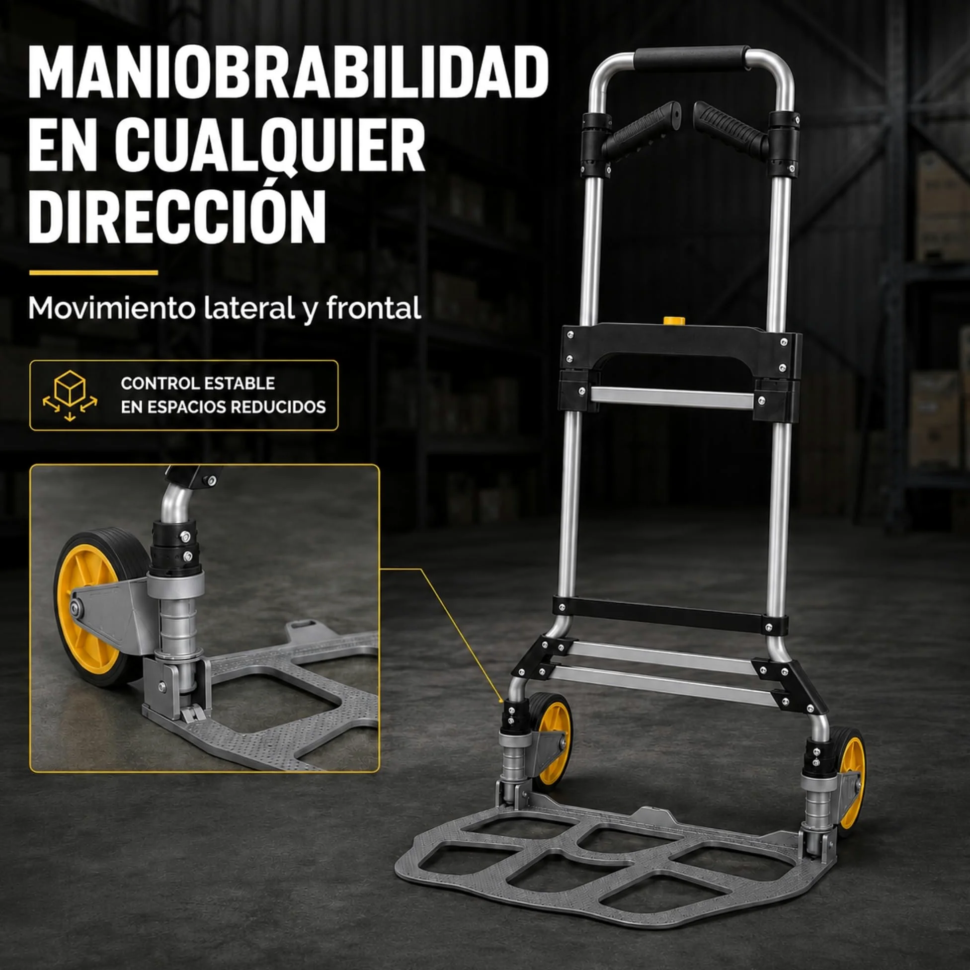 UZIRO Carretilla Plegable con Ruedas de Aluminio, con Mango Telescópico y Soporte Extra, Capacidad de 150 Kg, Plataforma Abatible y 2 Ruedas, Carretilla de Mano Plegable, Carro Transporte Plegable