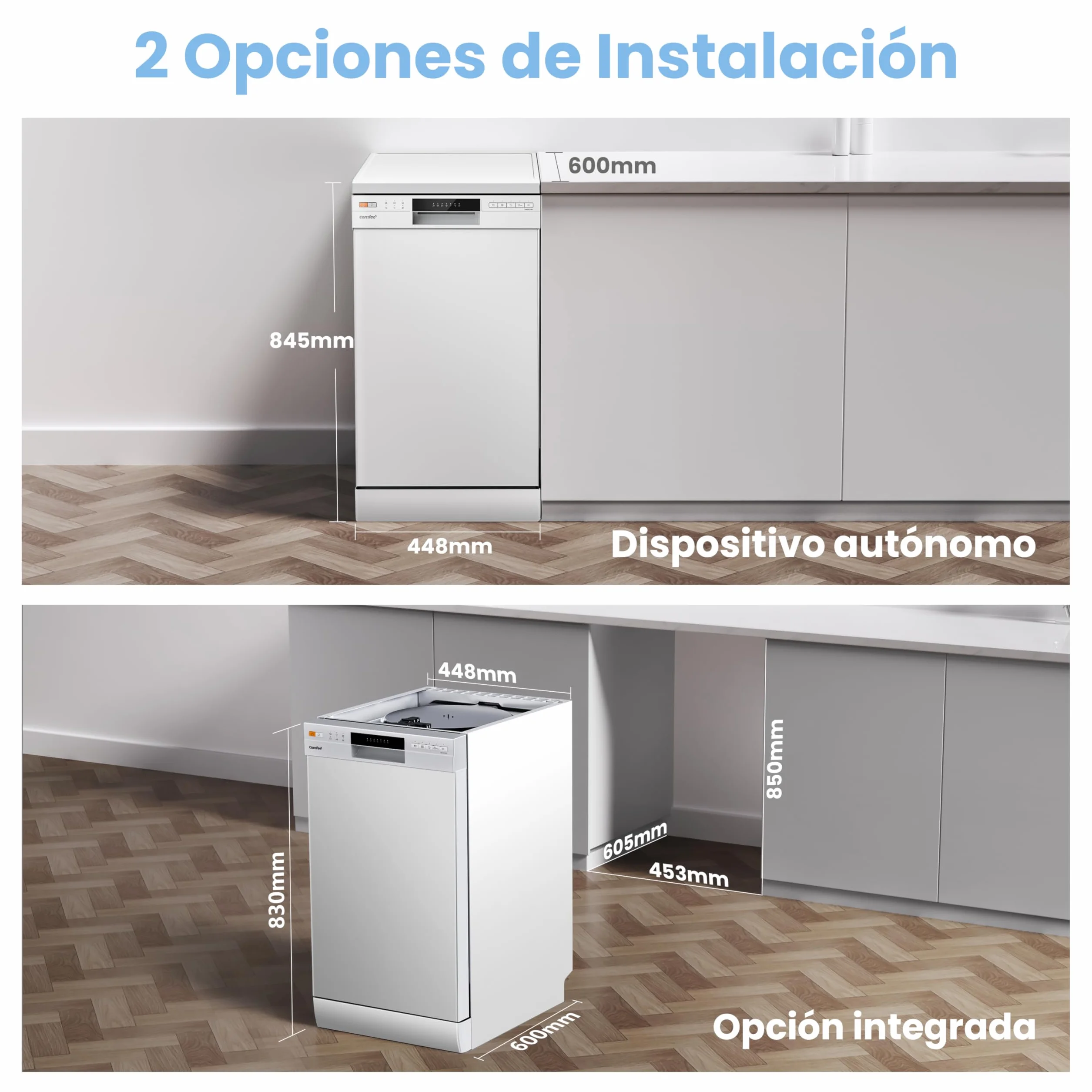 COMFEE' CDWEF1034BW Lavavajillas Independiente 10 Cubiertos 45cm Inicio Diferido Media Carga 72℃ Lavado higiénico Rejillas Flexibles Blanco