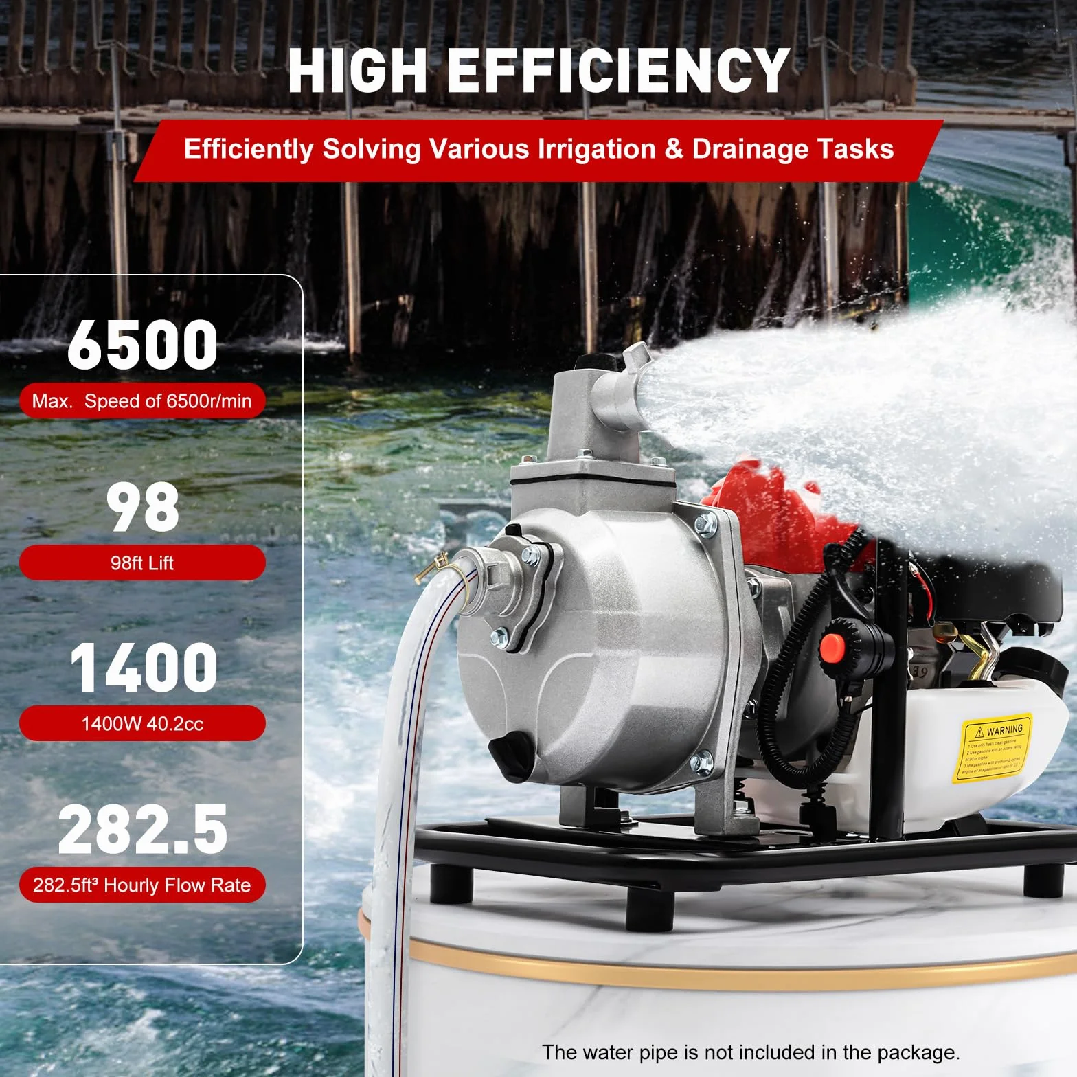 Bomba de agua de gasolina, 1,25 kW, 40,2 cc, 6500 R/min, motor de gasolina de 2 tiempos, motor de gasolina, máx. 30 m, bomba de agua de gasolina con filtro de aire adicional para drenaje o