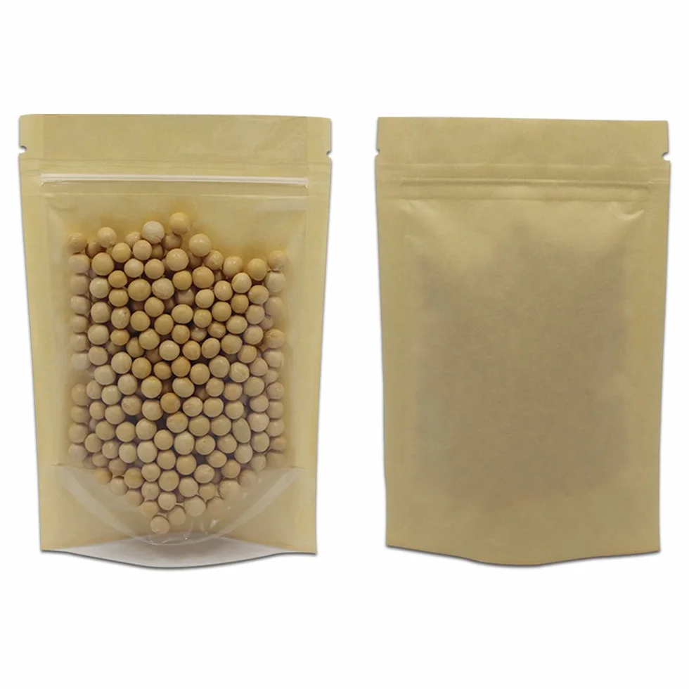 Bolsas de plástico transparente papel kraft marrón con cremallera 10x15 cm reutilizables almacenamiento alimentos