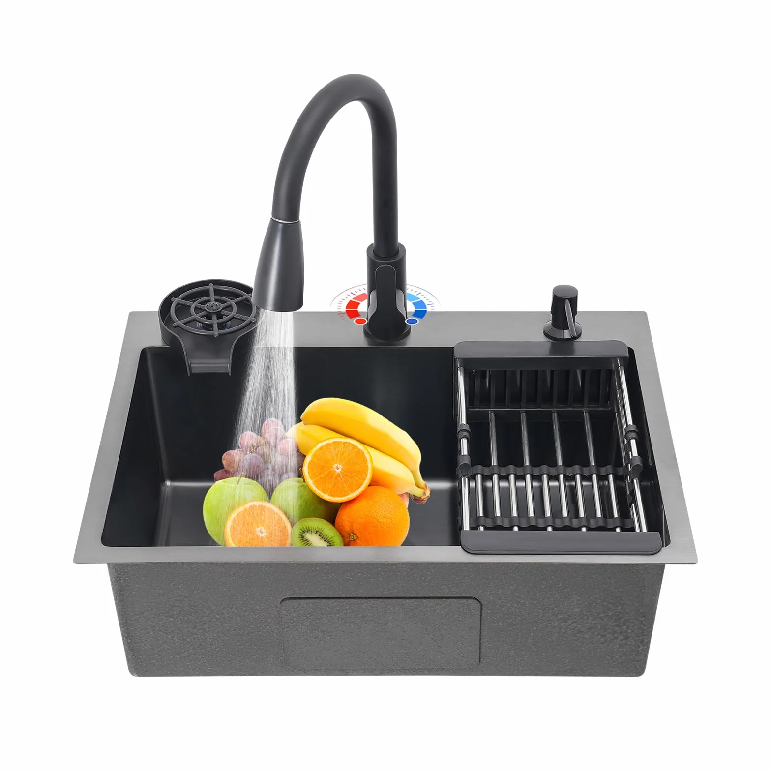 Fregadero de acero inoxidable 1 bandeja – 60 x 45 cm comerciales Fregadero de cocina empotrable nano-revestimiento aver grifo giratorio extraíble y cesta de drenaje – Negro