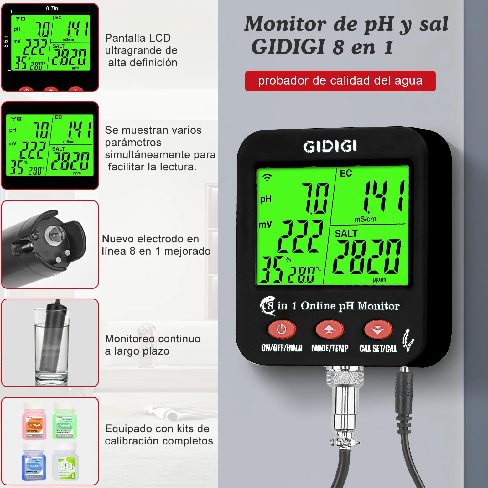 Medidor pH Acuario inteligente, Continuo pH Hidroponia Monitor | Pantalla Grande Puede Mostrar Múltiples Parámetros Simultáneamente,8 en 1 pH EC PPM ORP Sal y Humedad para Acuario,Hidroponia