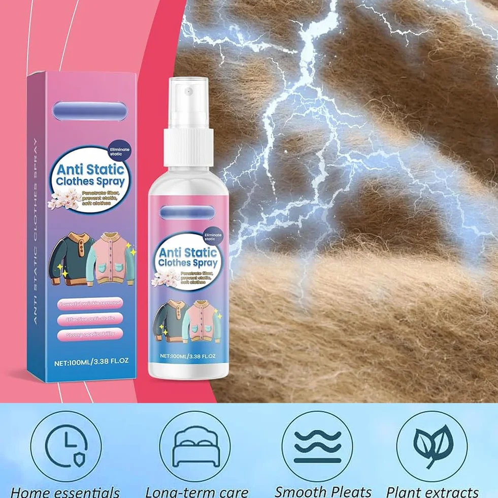 Spray Antiestático para Ropa 100ml Antiestático para Tejidos Reduce Electricidad Estática