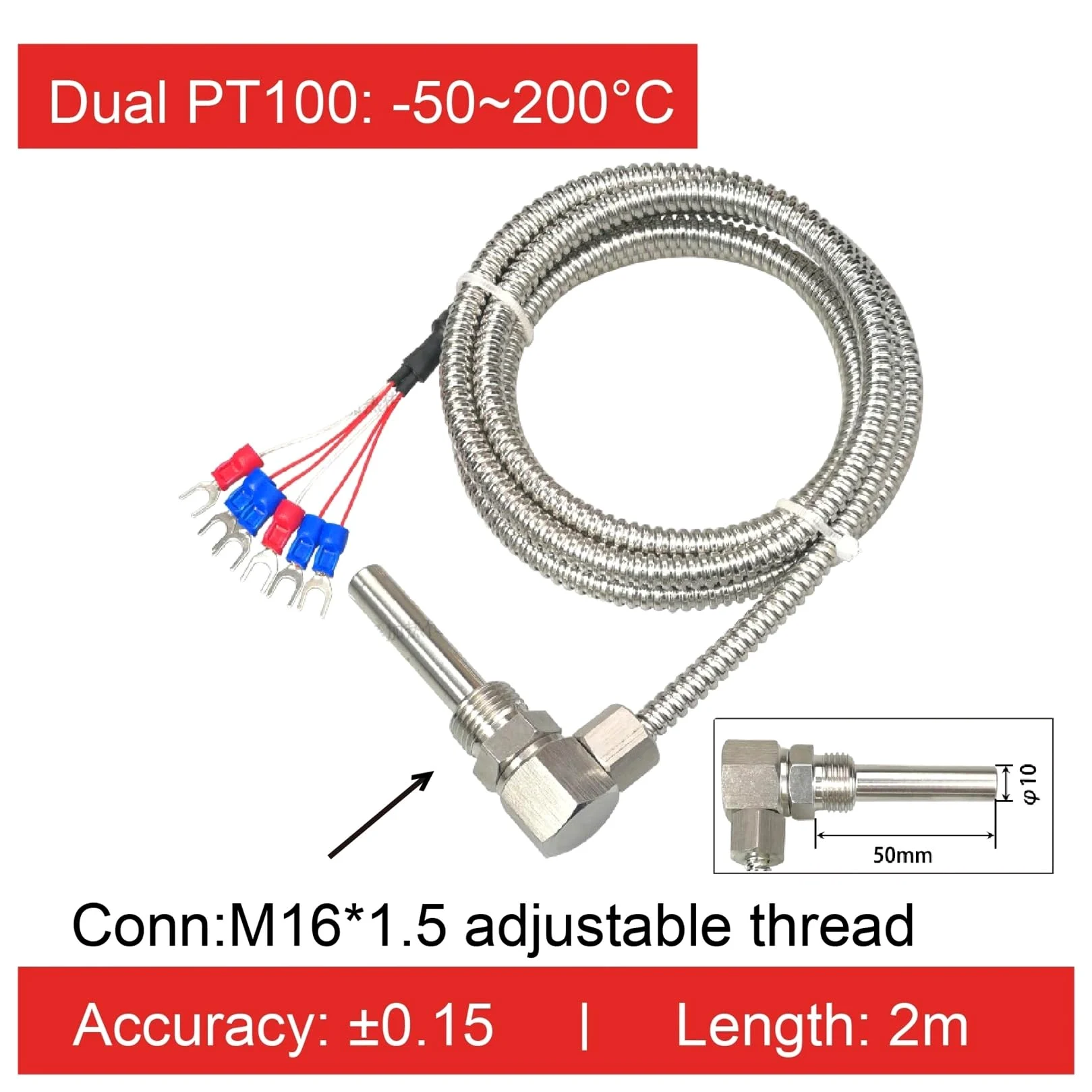 Sensor de temperatura del cojinete Sonda PT100 Sensor de temperatura roscado en forma de L Sonda industrial de acero inoxidable(Pt100 2M Dual)