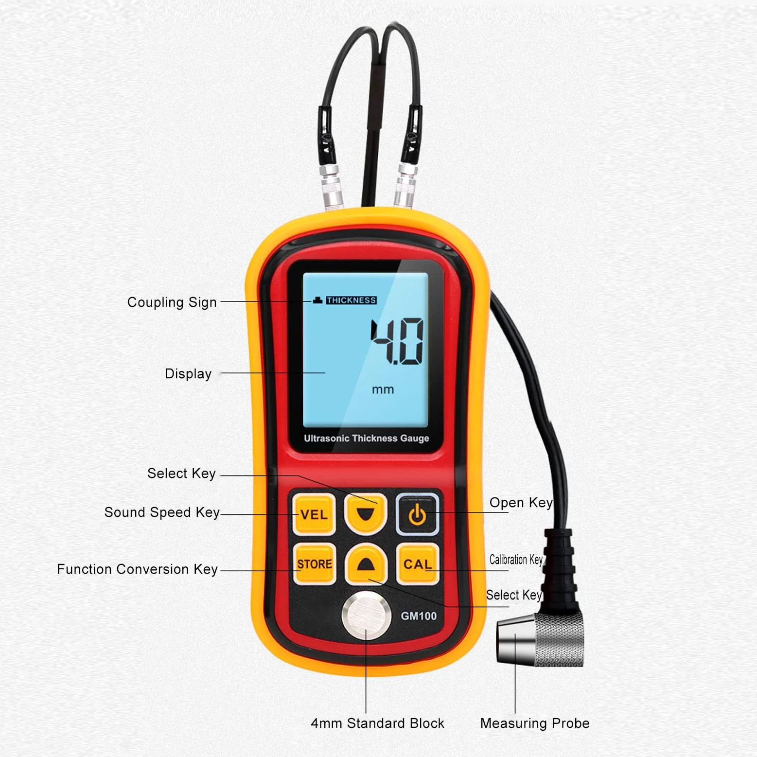 Fyearfly Medidor De Espesor Digital, Medidor De Espesor Ultrasónico Multiusos Pantalla Digital LCD De 4 Dígitos Probador De Medición De Espesor Eléctrico 5MHz GM100