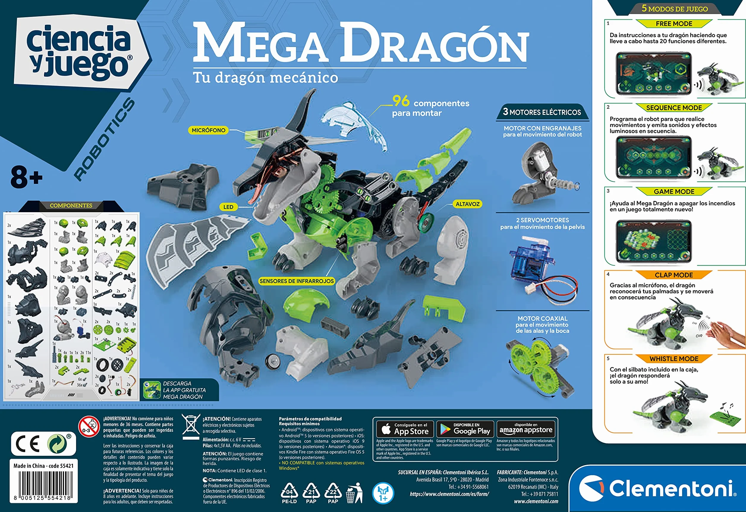 Clementoni Mega Dragon Robot para Montar Stem con App 8 años Multicolor