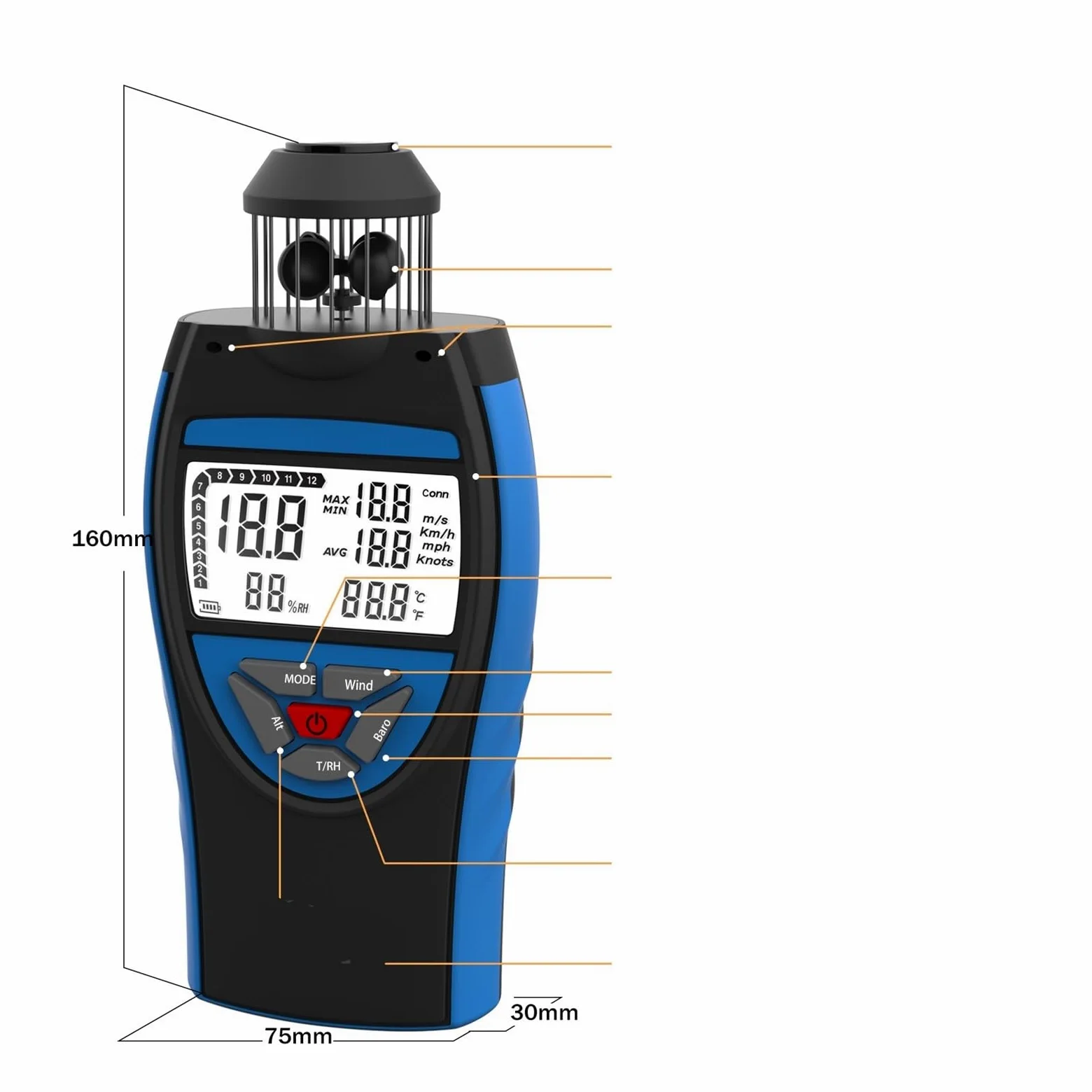 Anemómetro digital de 0,3~42 m/s, volumen de aire promedio de HVAC, altitud CFM, presión de aire, 8806-WM